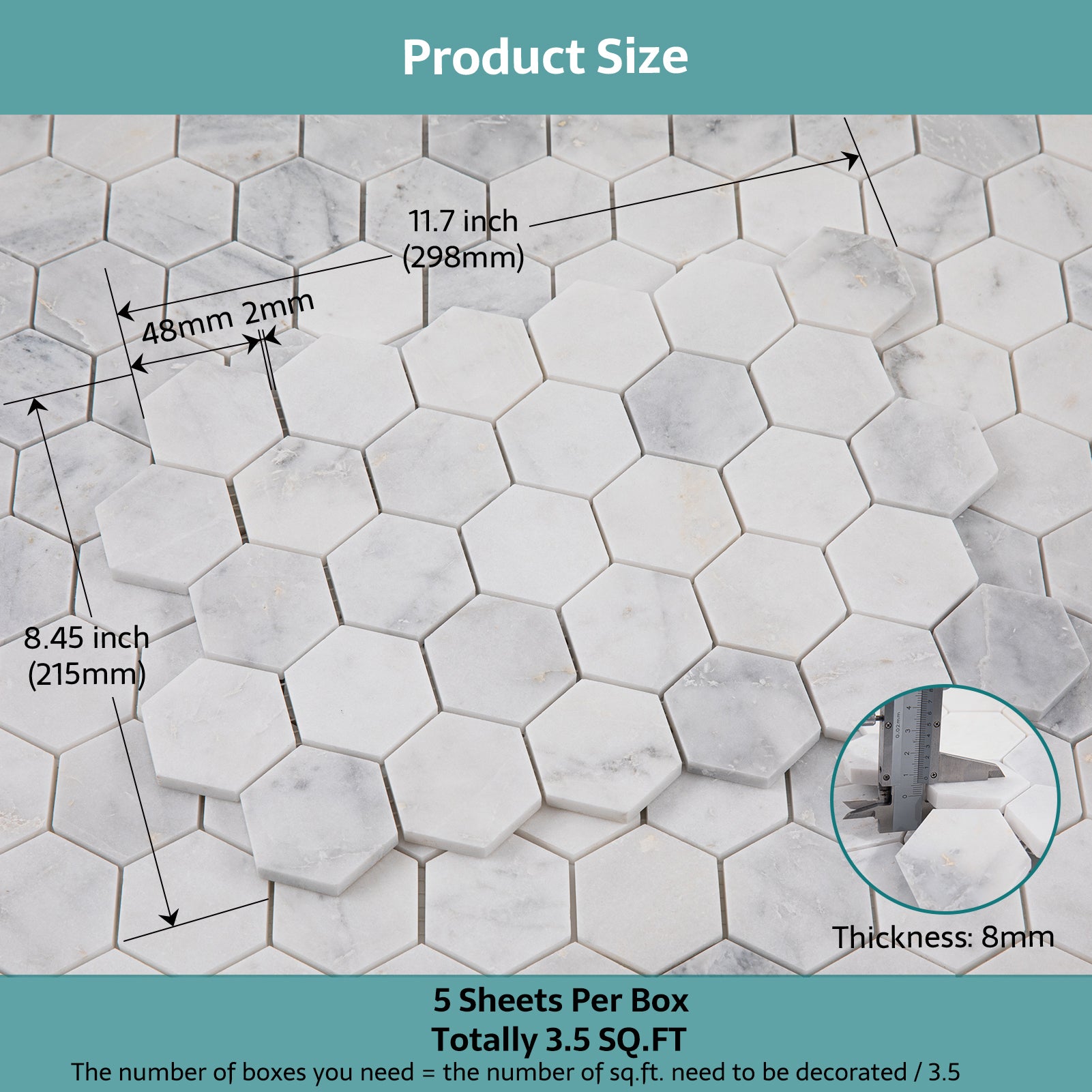 White Marble Mosaic Tiles, 2 inch Hexagon, Honed, 5 Sheet, CA40