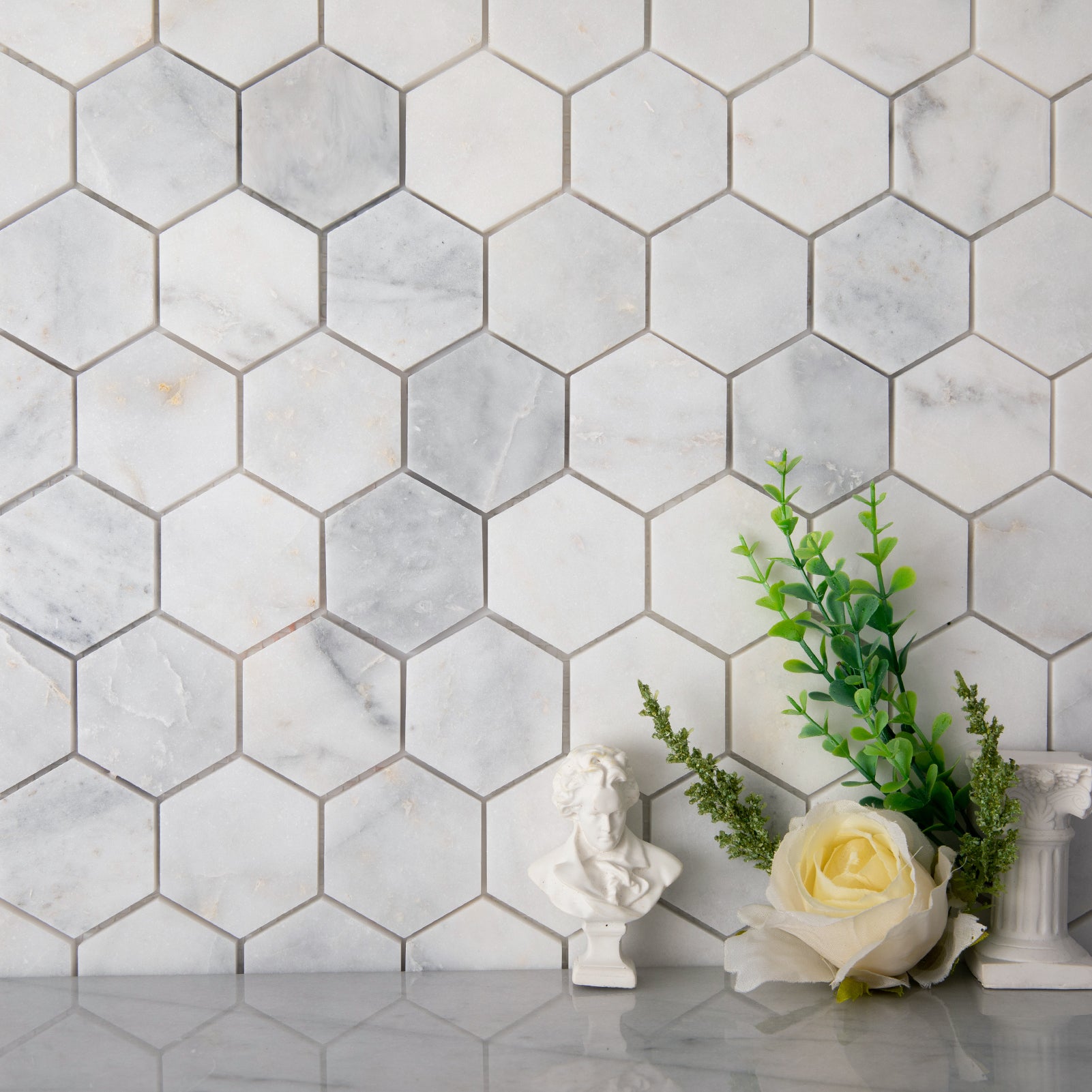 White Marble Mosaic Tiles, 2 inch Hexagon, Honed, 5 Sheet, CA40