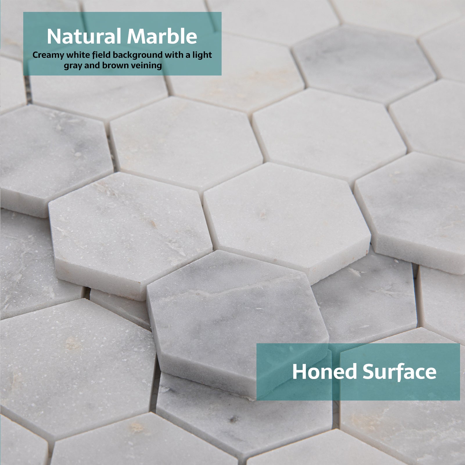 White Marble Mosaic Tiles, 2 inch Hexagon, Honed, 5 Sheet, CA40
