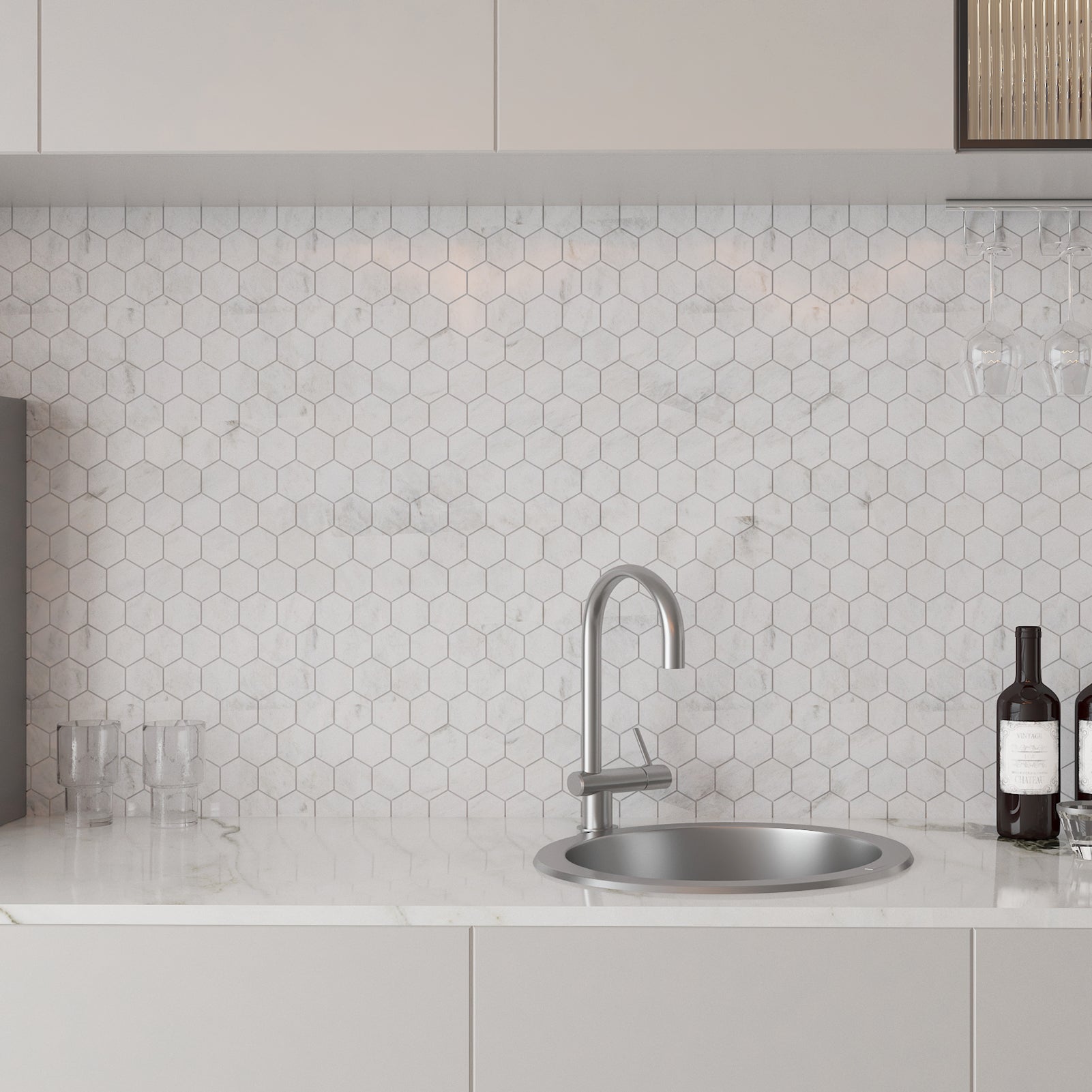 White Marble Mosaic Tiles, 2 inch Hexagon, Honed, 5 Sheet, CA40