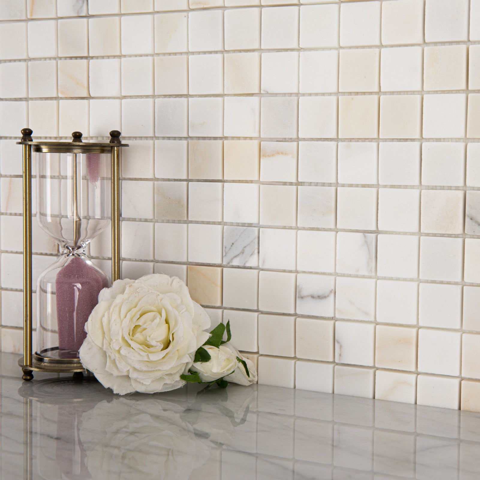 Calacatta Gold Marble Mosaic Tiles, 1 inch Square, Honed, 5 Sheet, CA42