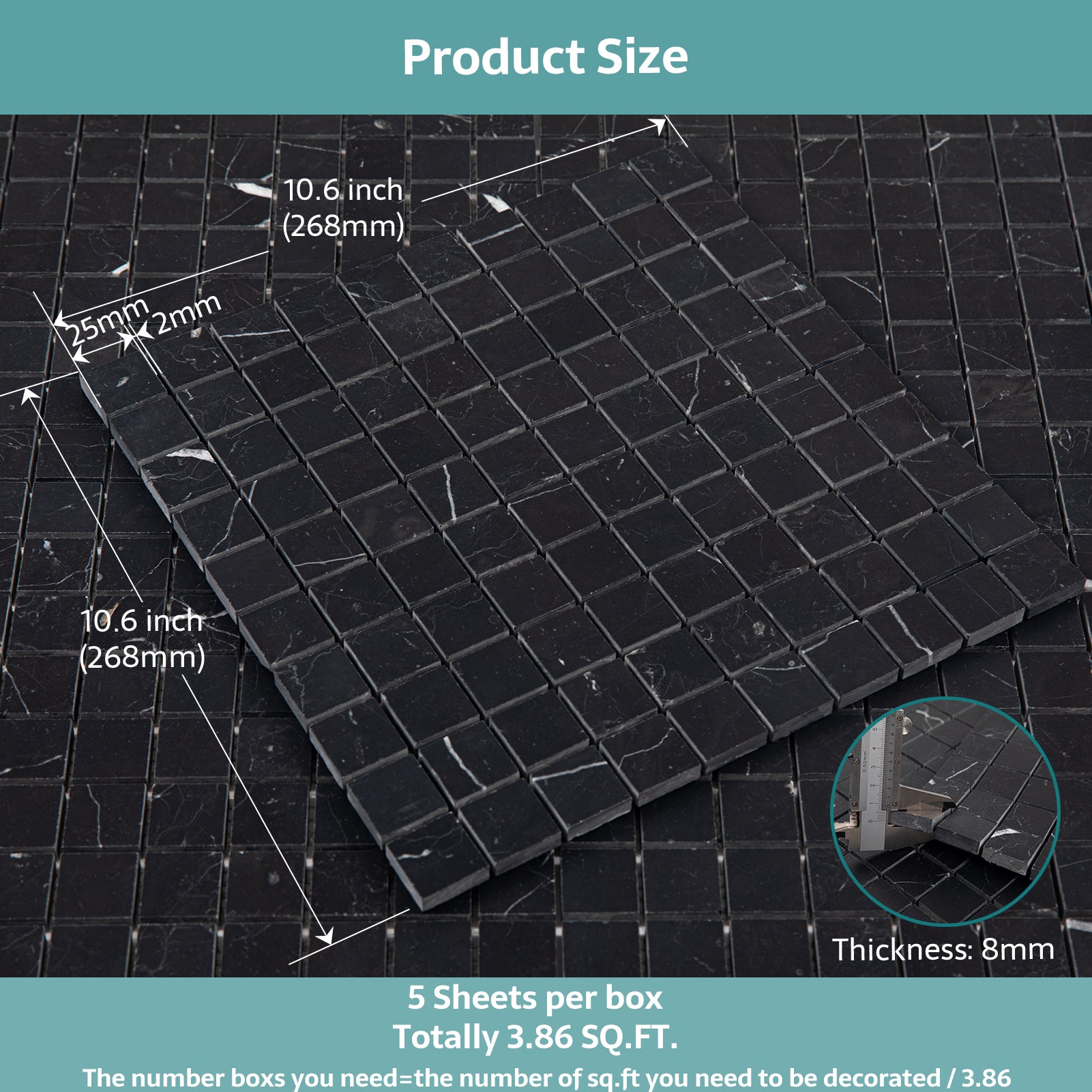 Nero Marquina Marble Mosaic Tiles, 1 inch Square, Honed, 5 Sheet, CA46