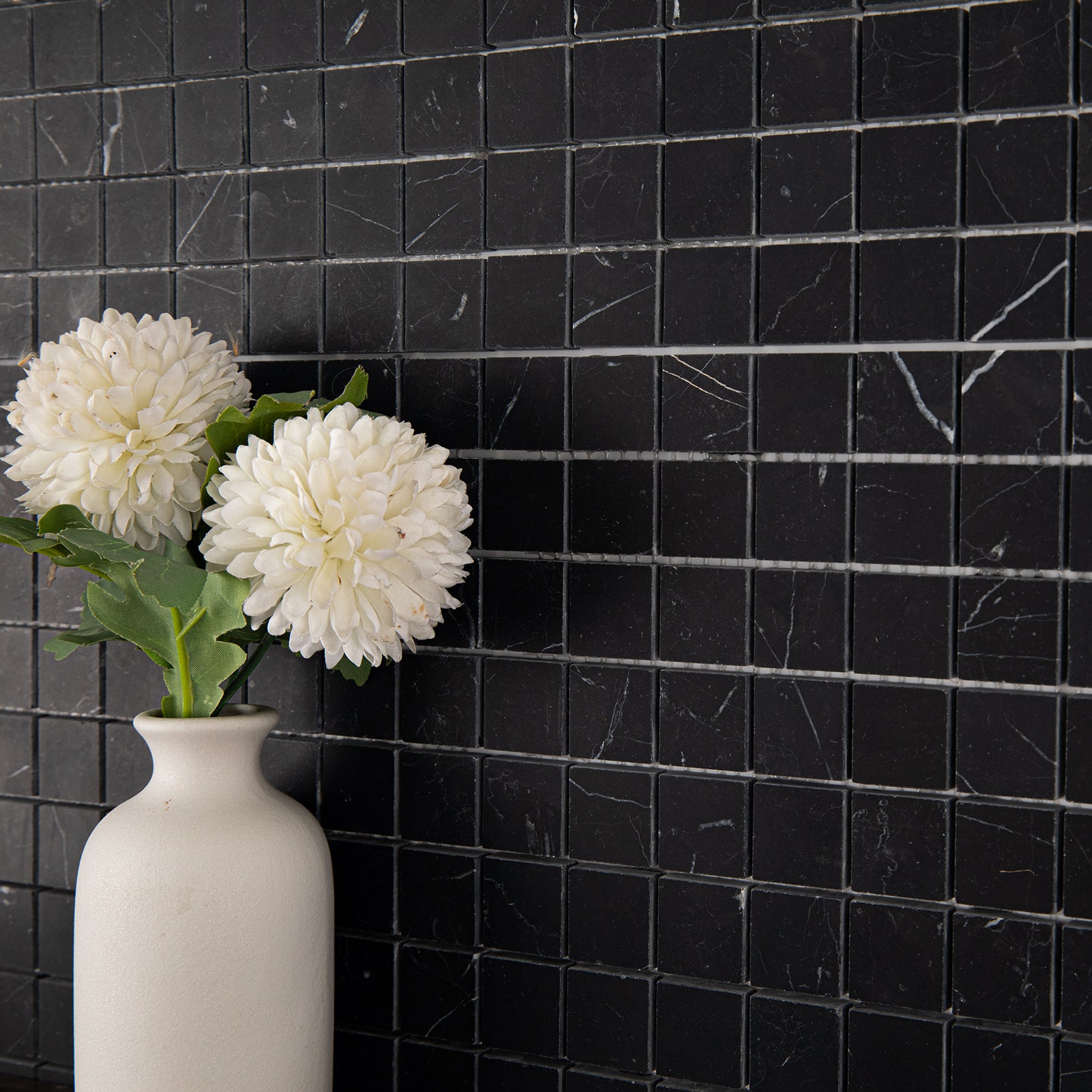 Nero Marquina Marble Mosaic Tiles, 1 inch Square, Honed, 5 Sheet, CA46