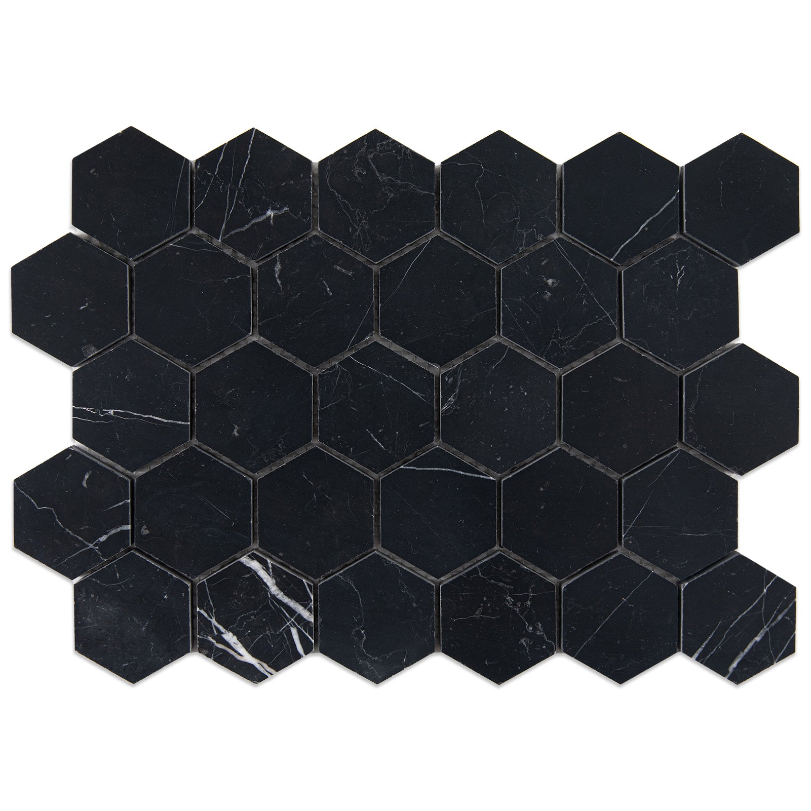 Nero Marquina Marble Mosaic Tiles, 2 inch Hexagon, Honed, 5 Sheet, CA47