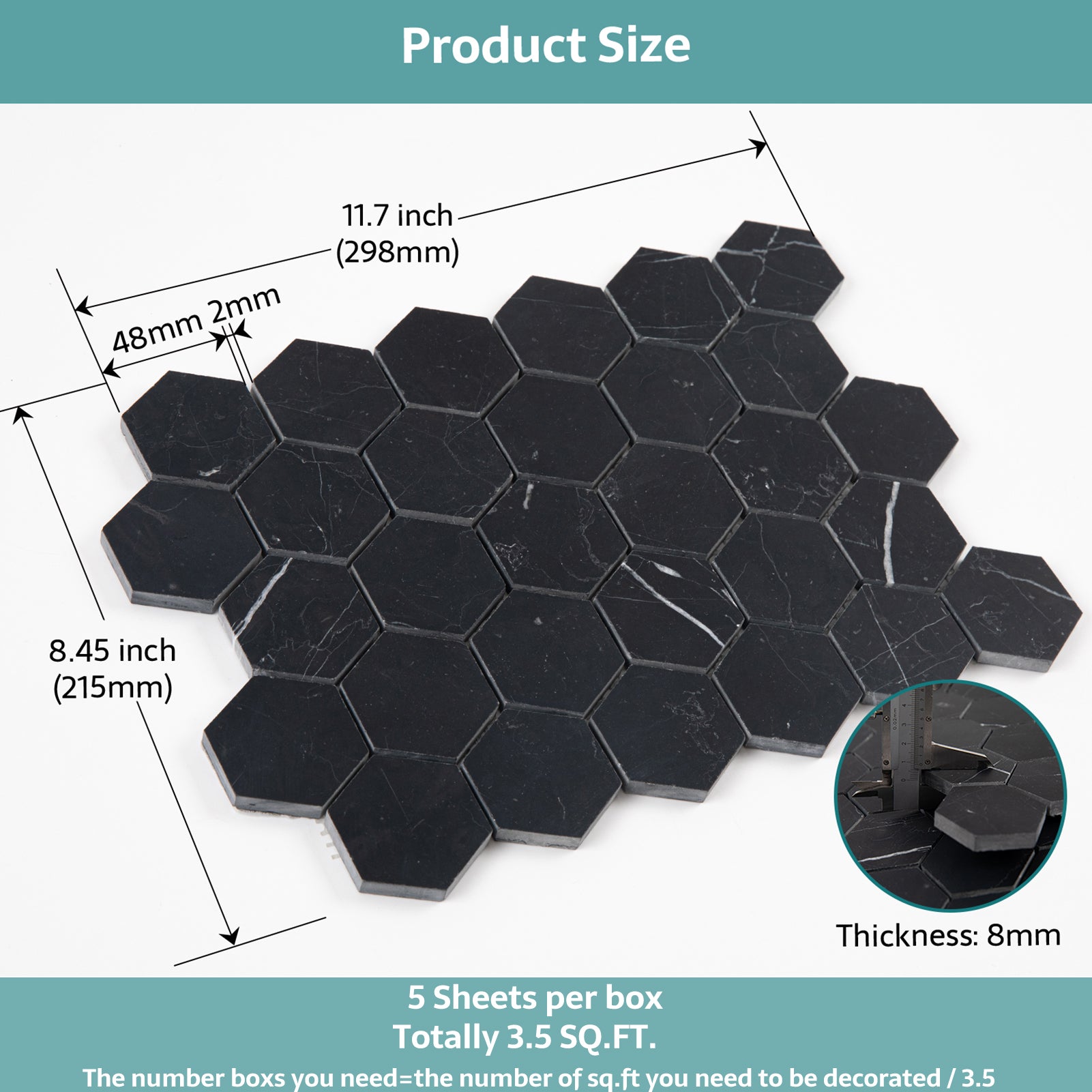 Nero Marquina Marble Mosaic Tiles, 2 inch Hexagon, Honed, 5 Sheet, CA47