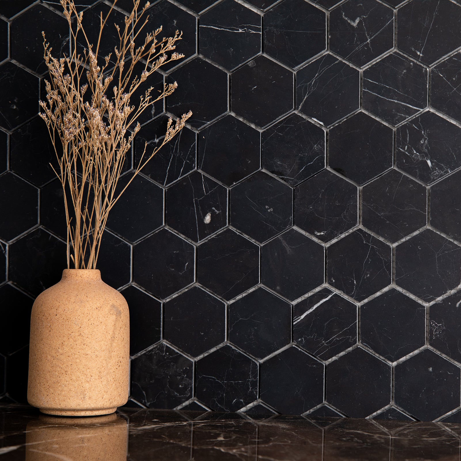 Nero Marquina Marble Mosaic Tiles, 2 inch Hexagon, Honed, 5 Sheet, CA47