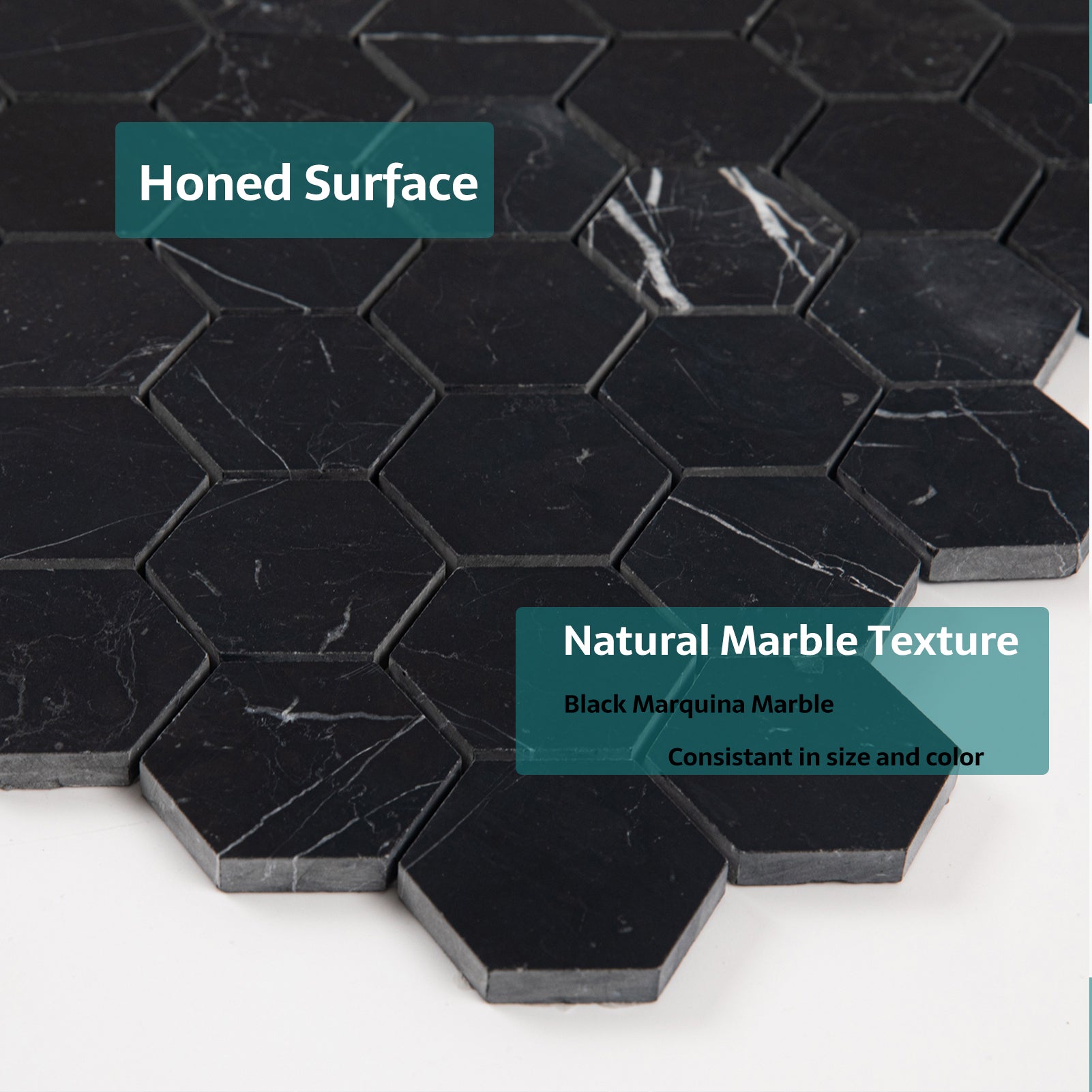 Nero Marquina Marble Mosaic Tiles, 2 inch Hexagon, Honed, 5 Sheet, CA47