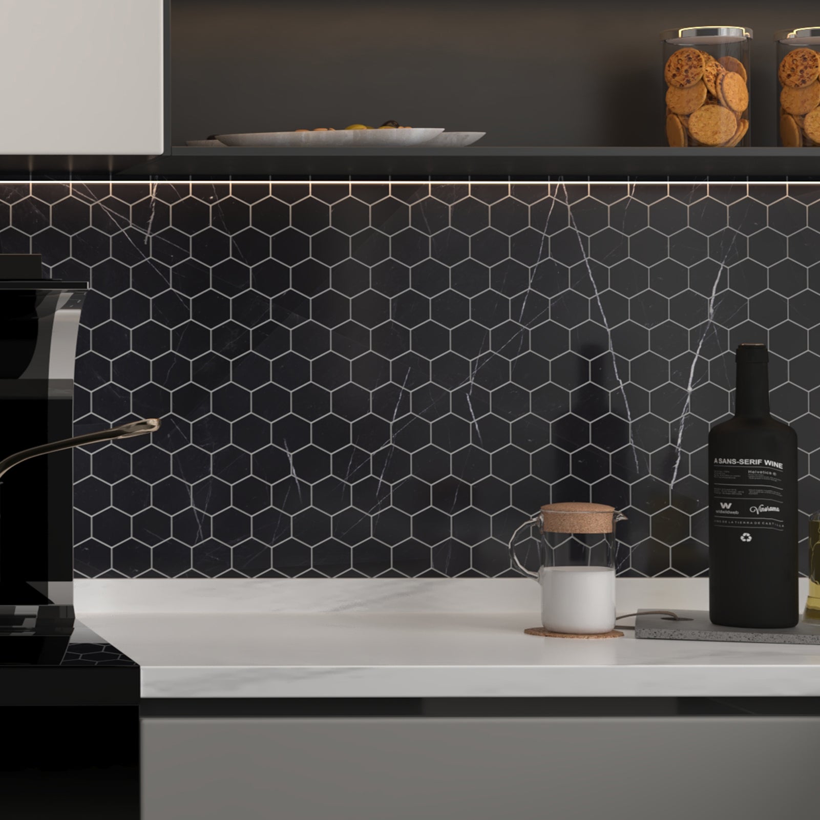 Nero Marquina Marble Mosaic Tiles, 2 inch Hexagon, Honed, 5 Sheet, CA47