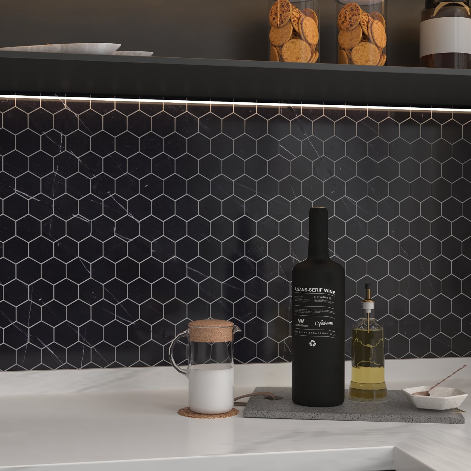 Nero Marquina Marble Mosaic Tiles, 2 inch Hexagon, Honed, 5 Sheet, CA47