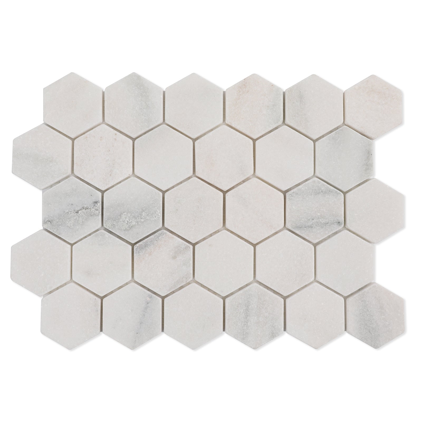 Aura Calacatta Marble Mosaic Tiles, 2 inch Hexagon, Tumbled, 5 Sheet, CA52