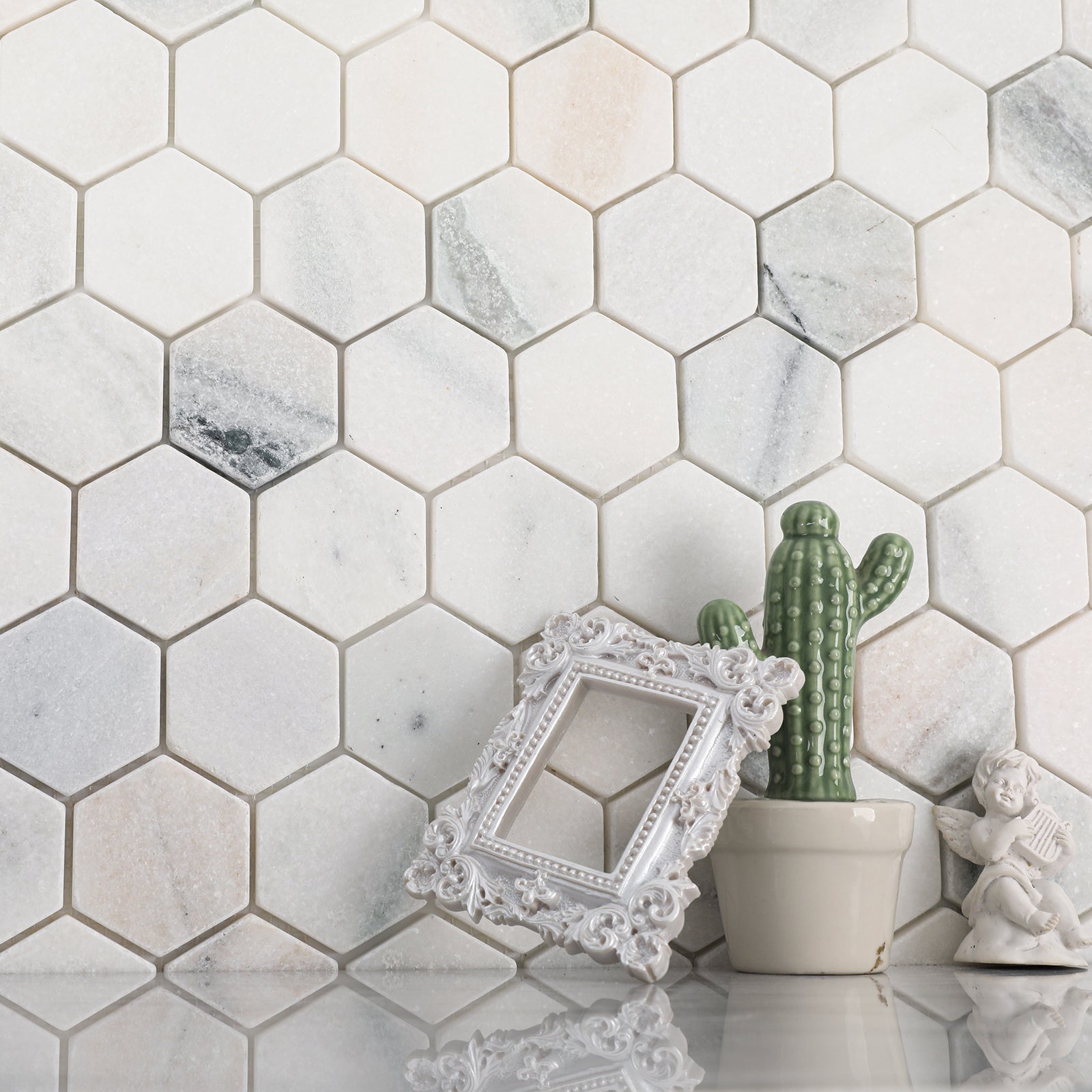 Aura Calacatta Marble Mosaic Tiles, 2 inch Hexagon, Tumbled, 5 Sheet, CA52