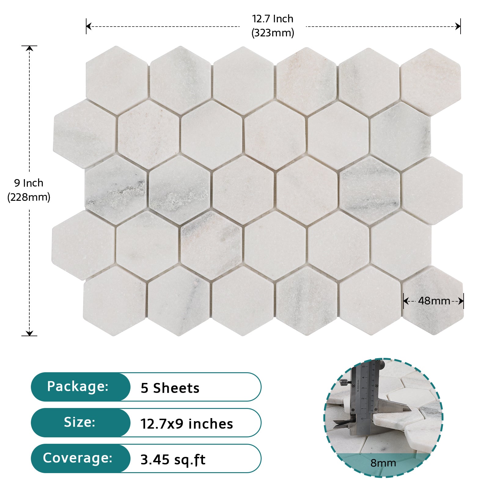 Aura Calacatta Marble Mosaic Tiles, 2 inch Hexagon, Tumbled, 5 Sheet, CA52