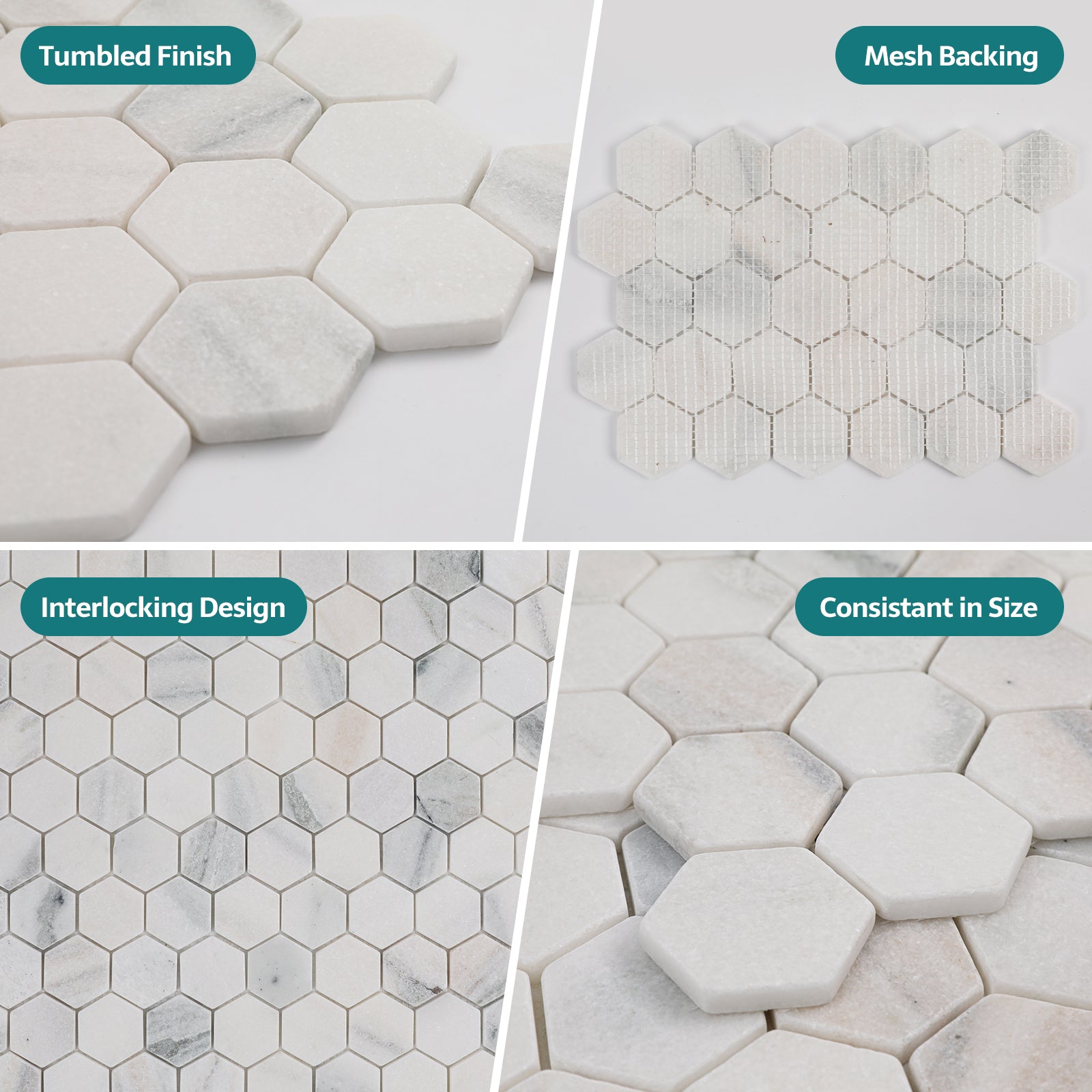 Aura Calacatta Marble Mosaic Tiles, 2 inch Hexagon, Tumbled, 5 Sheet, CA52