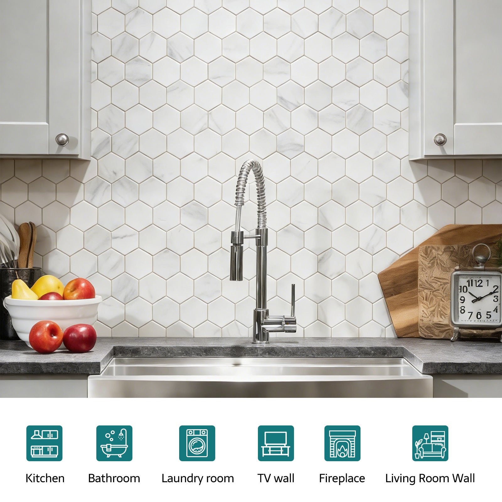 Aura Calacatta Marble Mosaic Tiles, 2 inch Hexagon, Tumbled, 5 Sheet, CA52