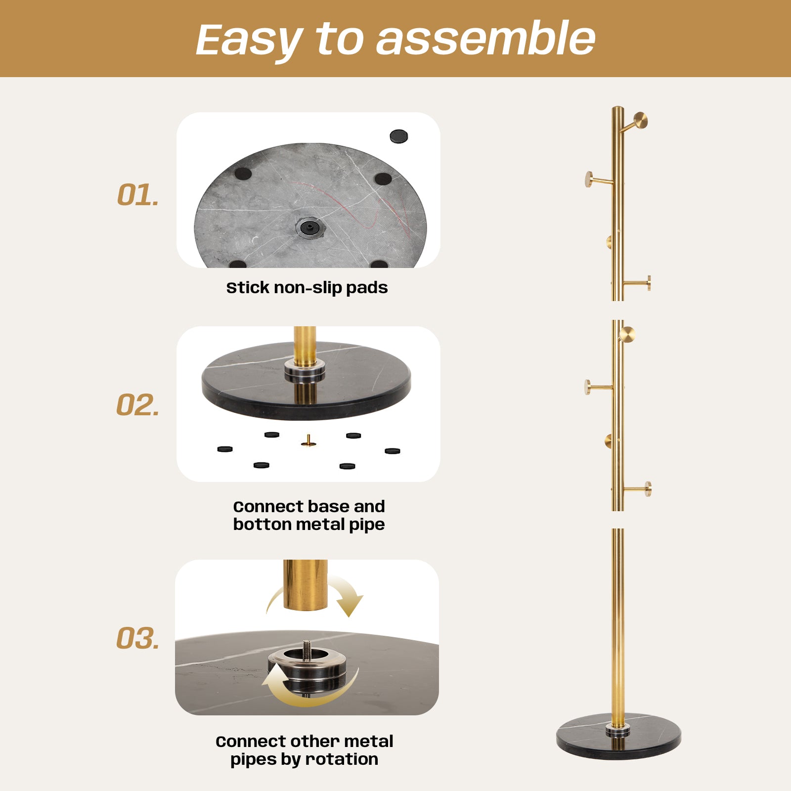 Black Marble Base Gold 304 Stainless Steel Metal Coat Rack Stand Freestanding Clothes Tree Hanger with 8 Hooks, HD10
