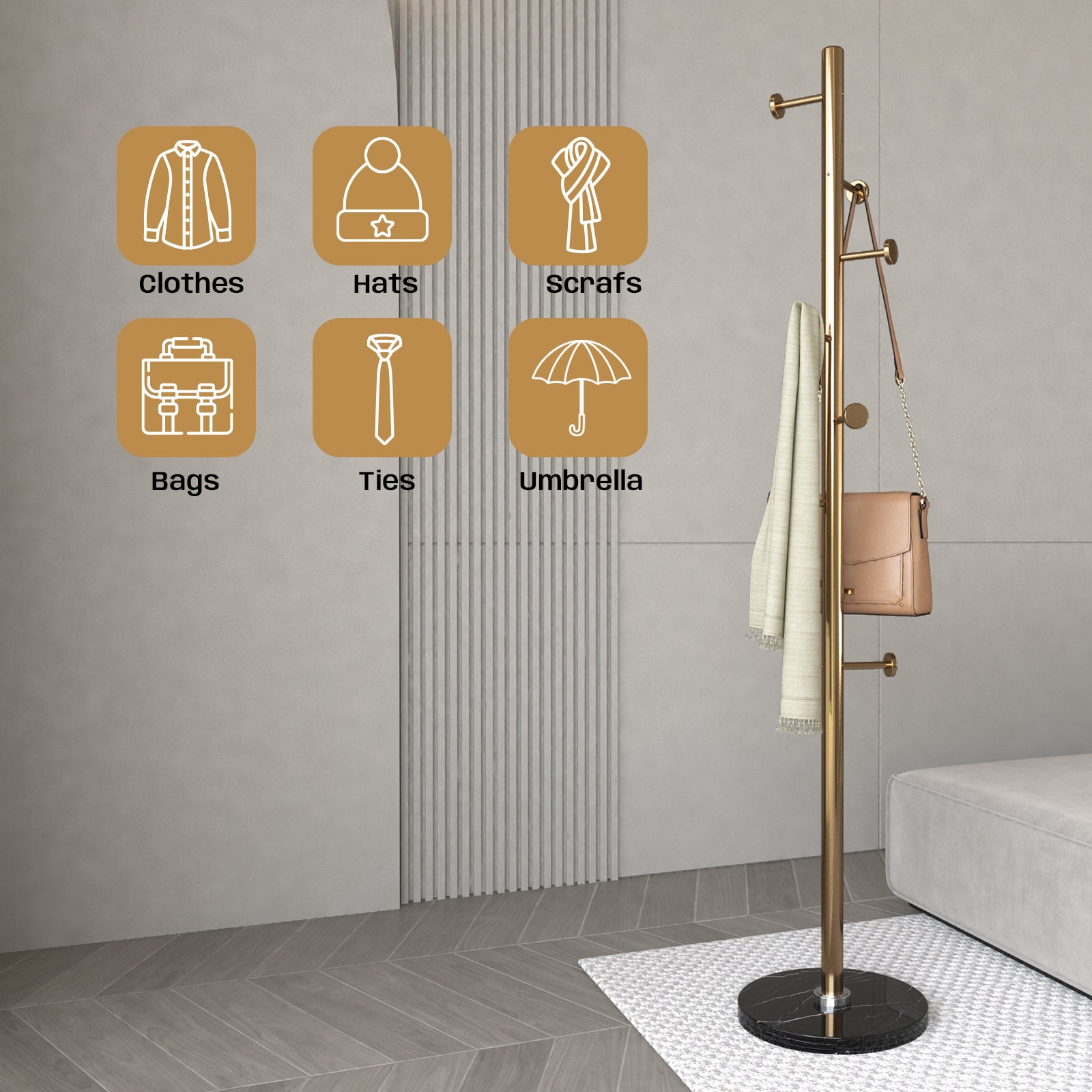 Black Marble Base Gold 304 Stainless Steel Metal Coat Rack Stand Freestanding Clothes Tree Hanger with 8 Hooks, HD10