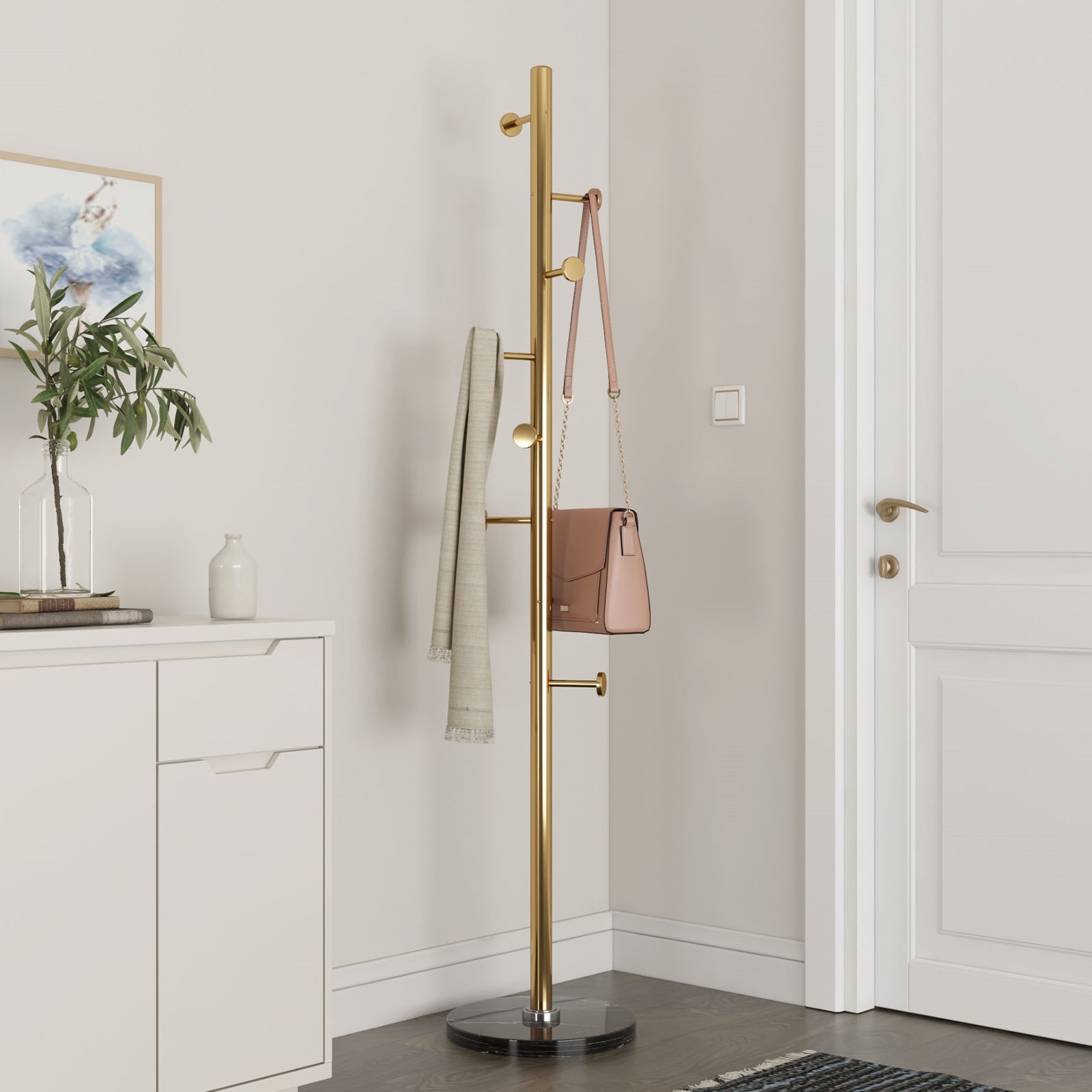 Black Marble Base Gold 304 Stainless Steel Metal Coat Rack Stand Freestanding Clothes Tree Hanger with 8 Hooks, HD10
