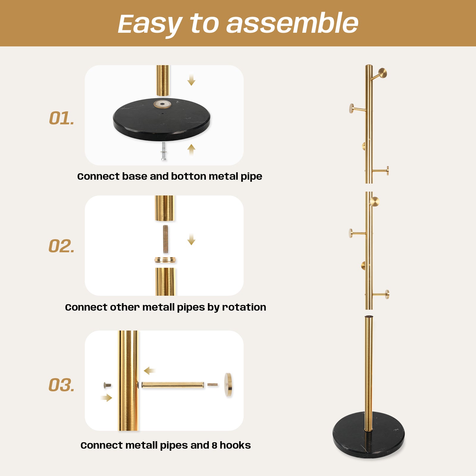 Black Marble Base Gold 304 Stainless Steel Metal Coat Rack Stand Freestanding Clothes Tree Hanger with 8 Hooks, HD10