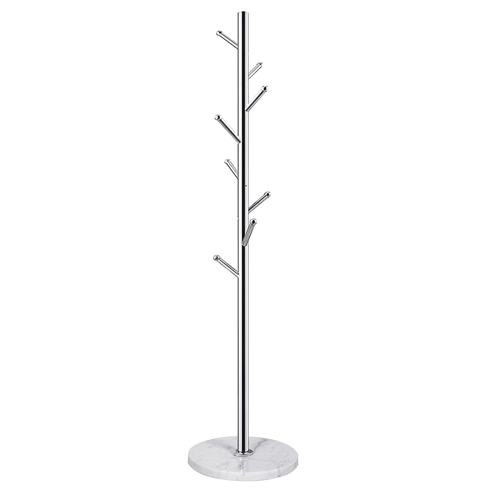 White Marble Base Silver 304 Stainless Steel Metal Coat Rack Stand Freestanding Clothes Tree Hanger with 8 Hooks, HD8
