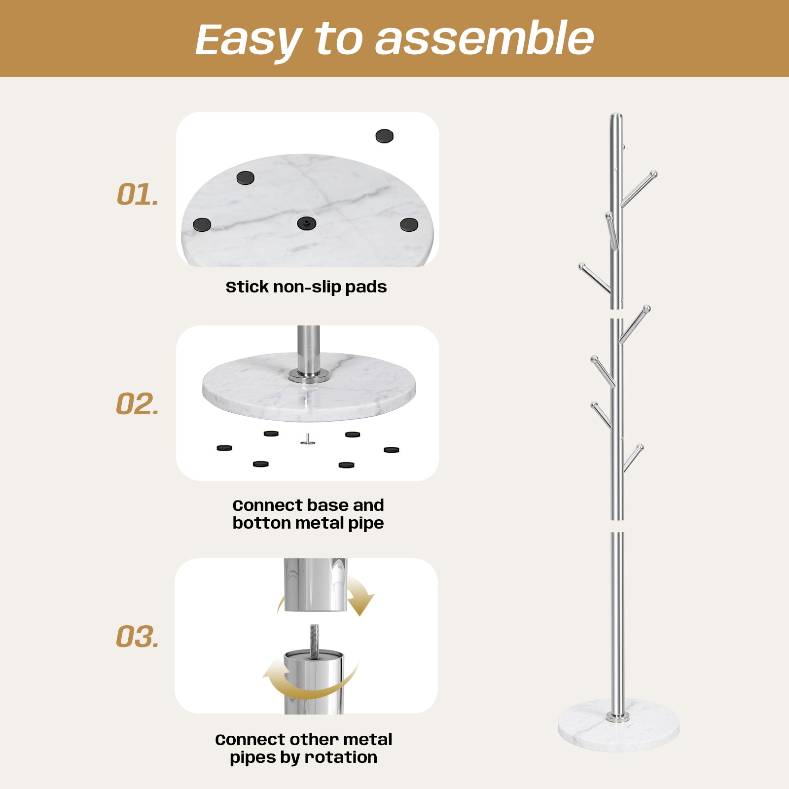 White Marble Base Silver 304 Stainless Steel Metal Coat Rack Stand Freestanding Clothes Tree Hanger with 8 Hooks, HD8