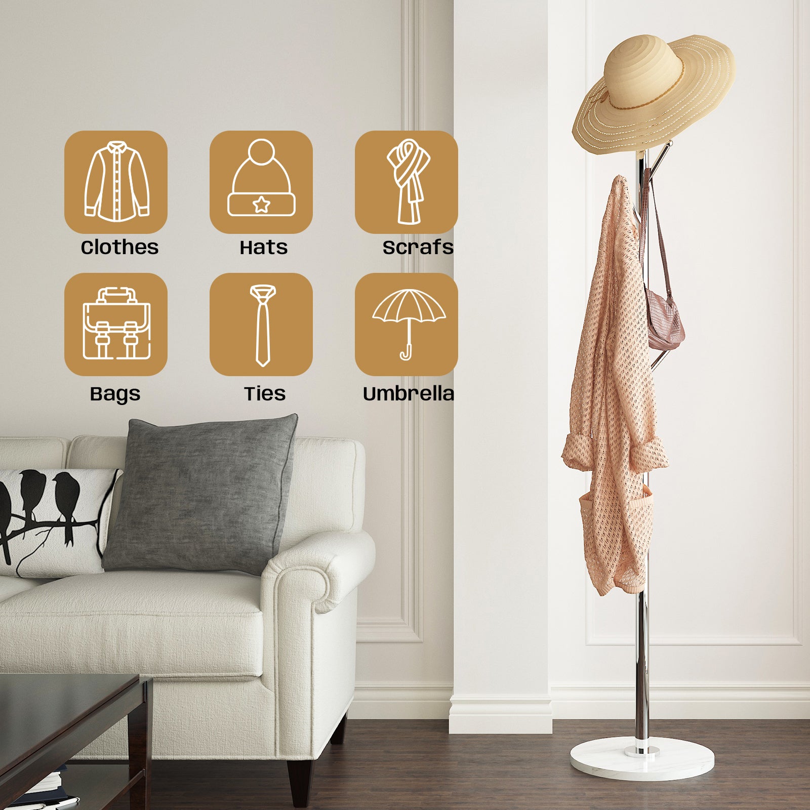 White Marble Base Silver 304 Stainless Steel Metal Coat Rack Stand Freestanding Clothes Tree Hanger with 8 Hooks, HD8