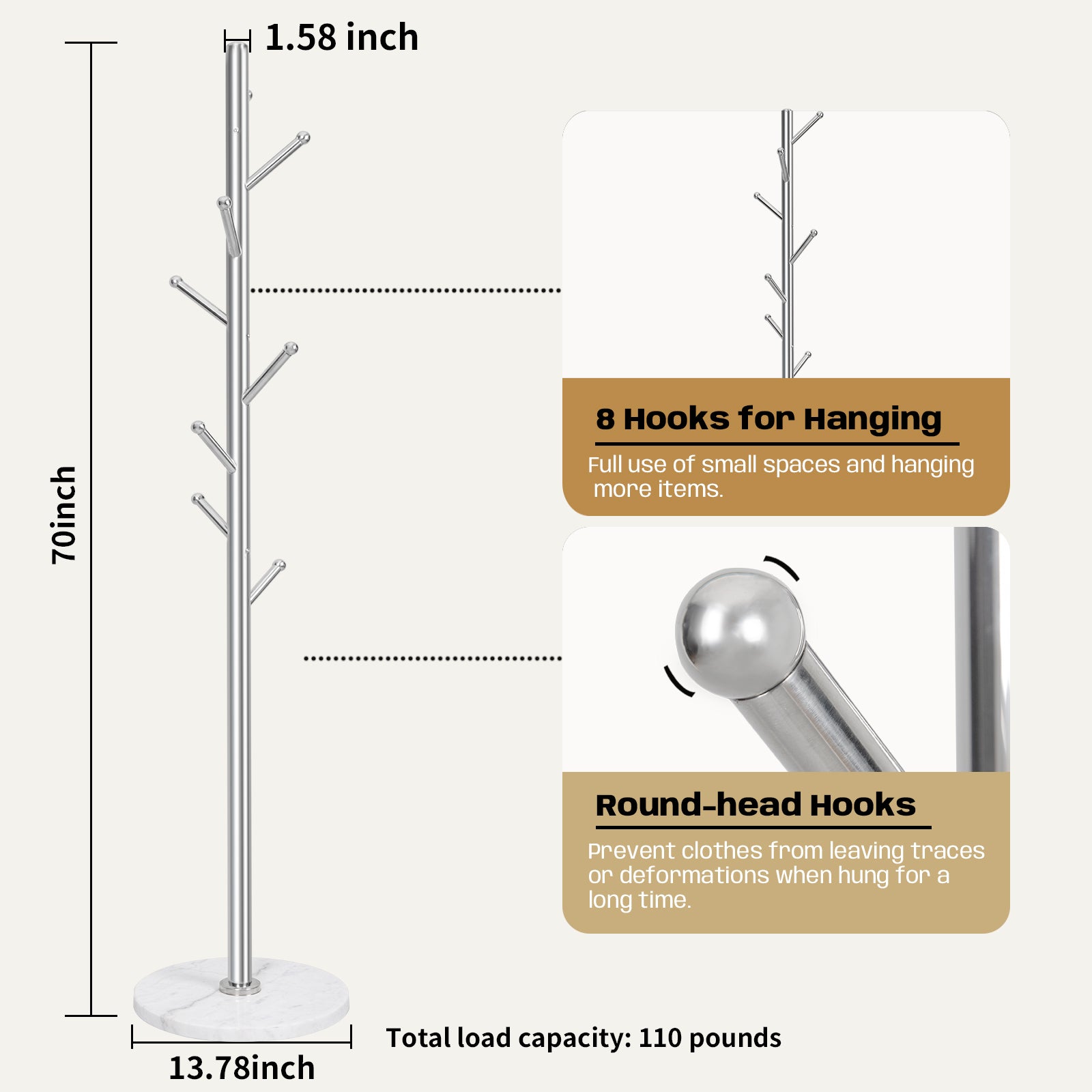 White Marble Base Silver 304 Stainless Steel Metal Coat Rack Stand Freestanding Clothes Tree Hanger with 8 Hooks, HD8