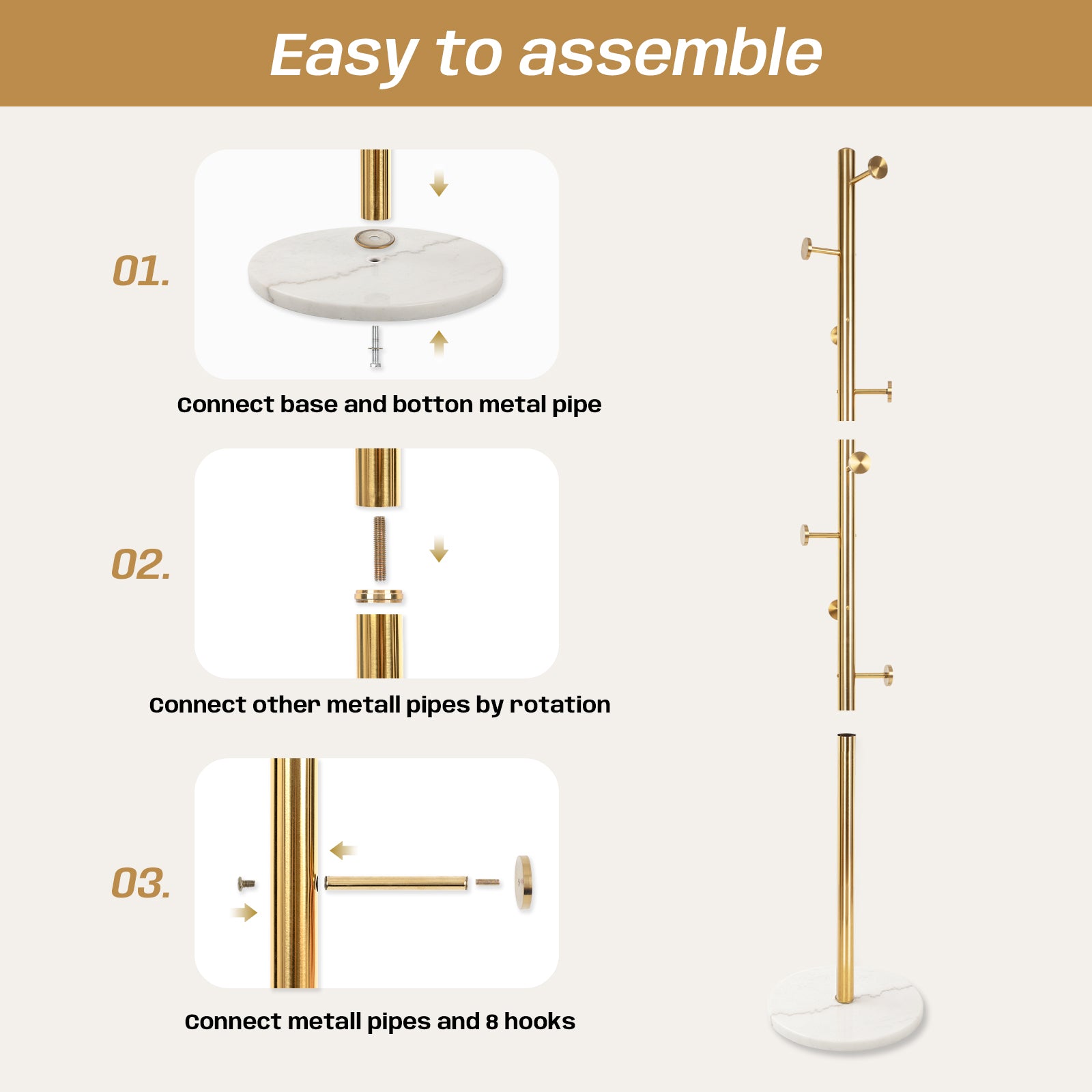 White Marble Base Gold 304 Stainless Steel Metal Coat Rack Stand Freestanding Clothes Tree Hanger with 8 Hooks, HD9