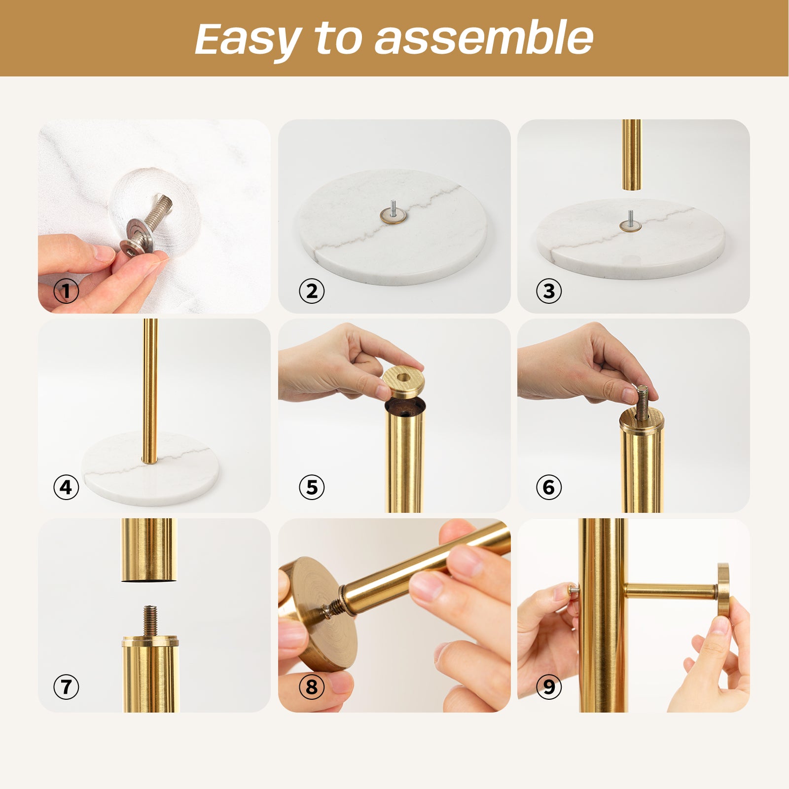 White Marble Base Gold 304 Stainless Steel Metal Coat Rack Stand Freestanding Clothes Tree Hanger with 8 Hooks, HD9