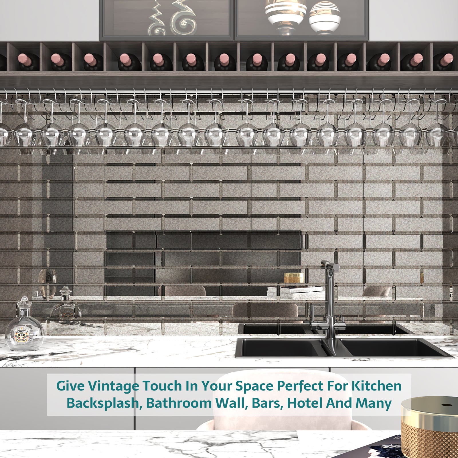 Antique Mirror Glass Subway Tile with Beveled Edge, Peel and Stick, 3*10 inch, Silver, MT23