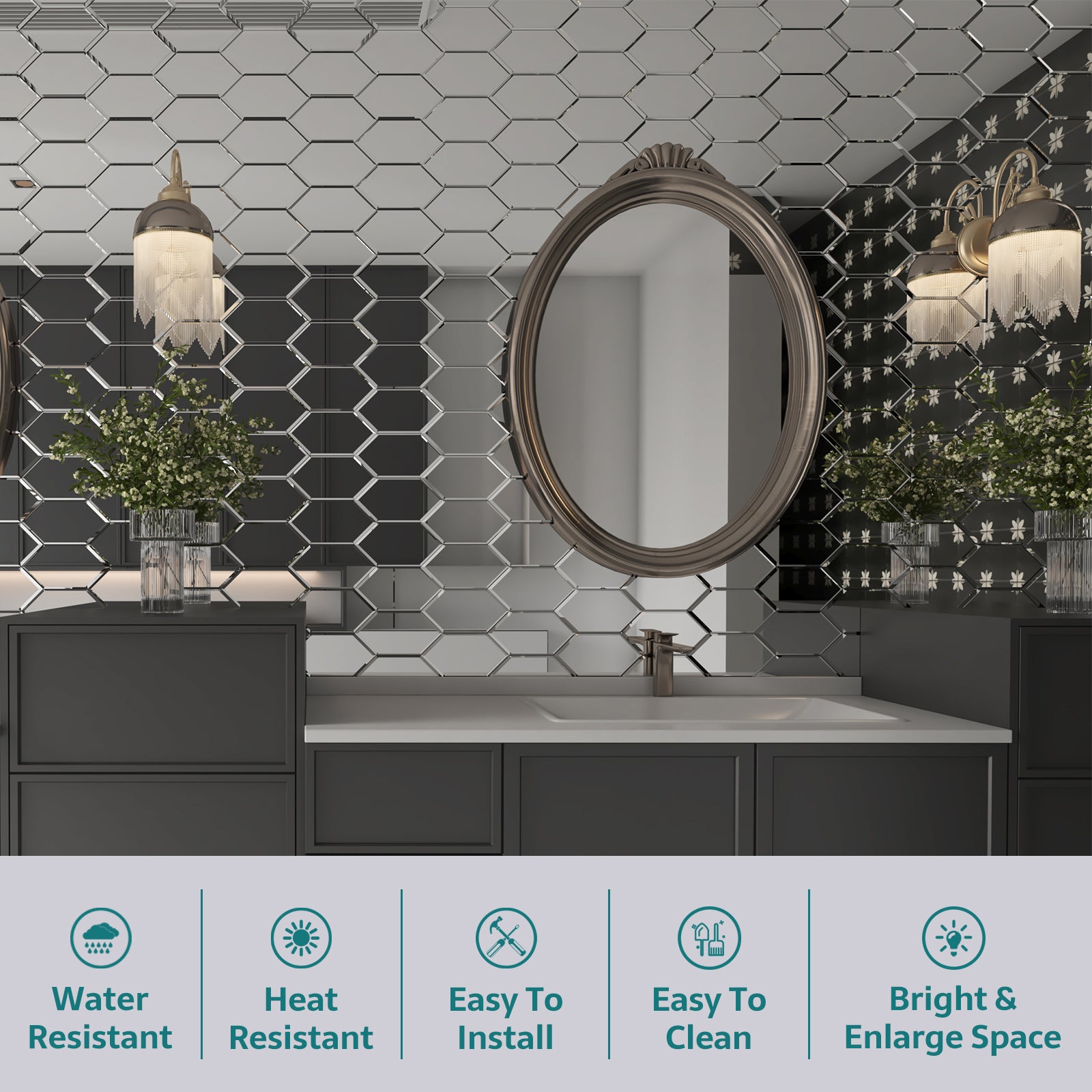 Mirror Backsplash Glass Tiles, Peel And Stick, Silver, Long Hexagon, 4*6 inch, Beveled Edge, MT32