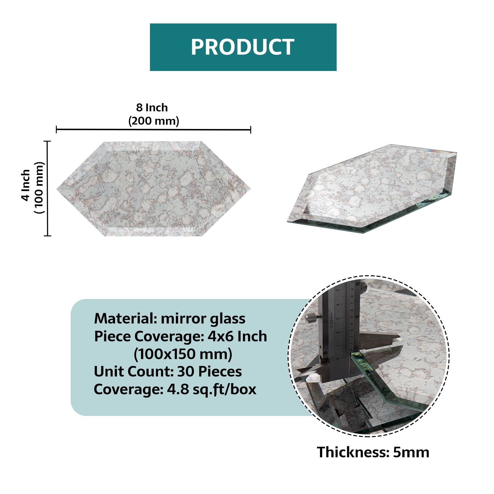 Mirror Backsplash Glass Tiles, Peel And Stick, Antique, Long Hexagon, 4*6 inch, Beveled Edge, MT46