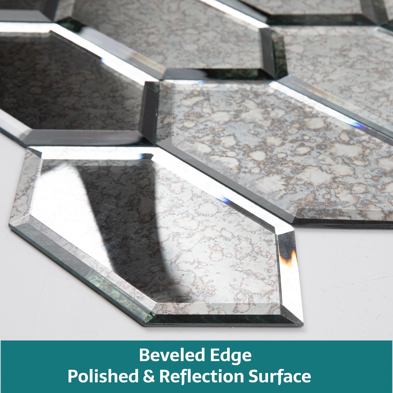 Mirror Backsplash Glass Tiles, Peel And Stick, Antique, Long Hexagon, 4*6 inch, Beveled Edge, MT46