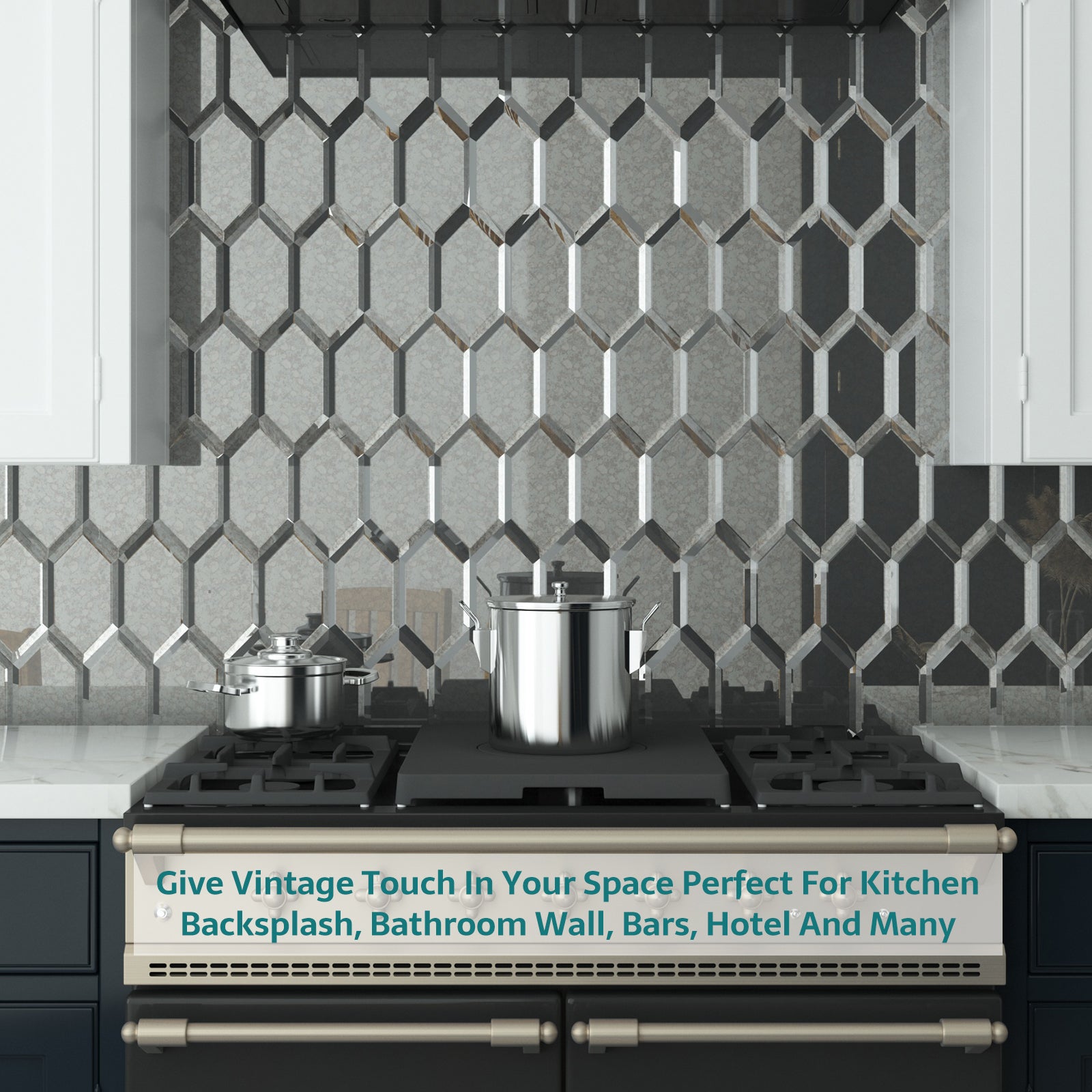 Mirror Backsplash Glass Tiles, Peel And Stick, Antique, Long Hexagon, 4*6 inch, Beveled Edge, MT46
