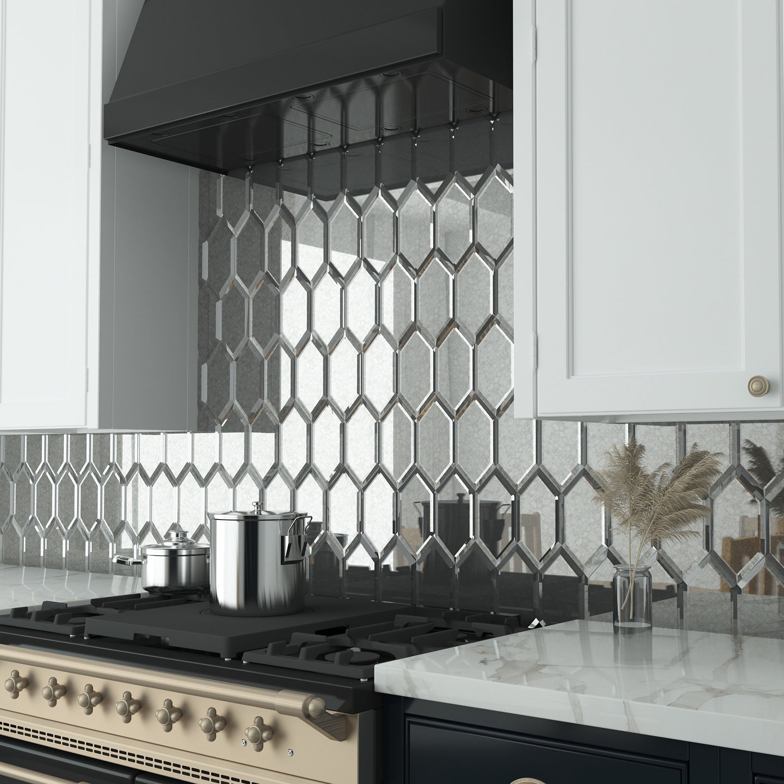 Mirror Backsplash Glass Tiles, Peel And Stick, Antique, Long Hexagon, 4*6 inch, Beveled Edge, MT46