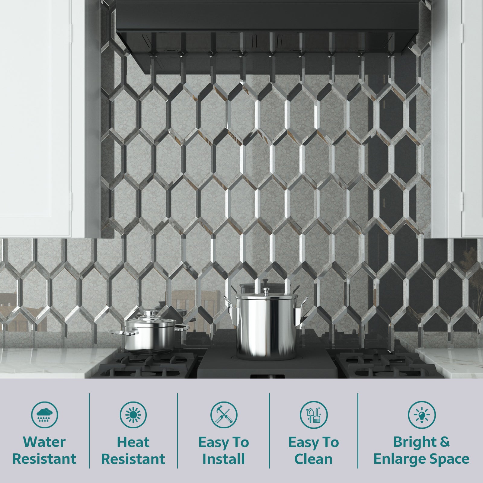 Mirror Backsplash Glass Tiles, Peel And Stick, Antique, Long Hexagon, 4*6 inch, Beveled Edge, MT46