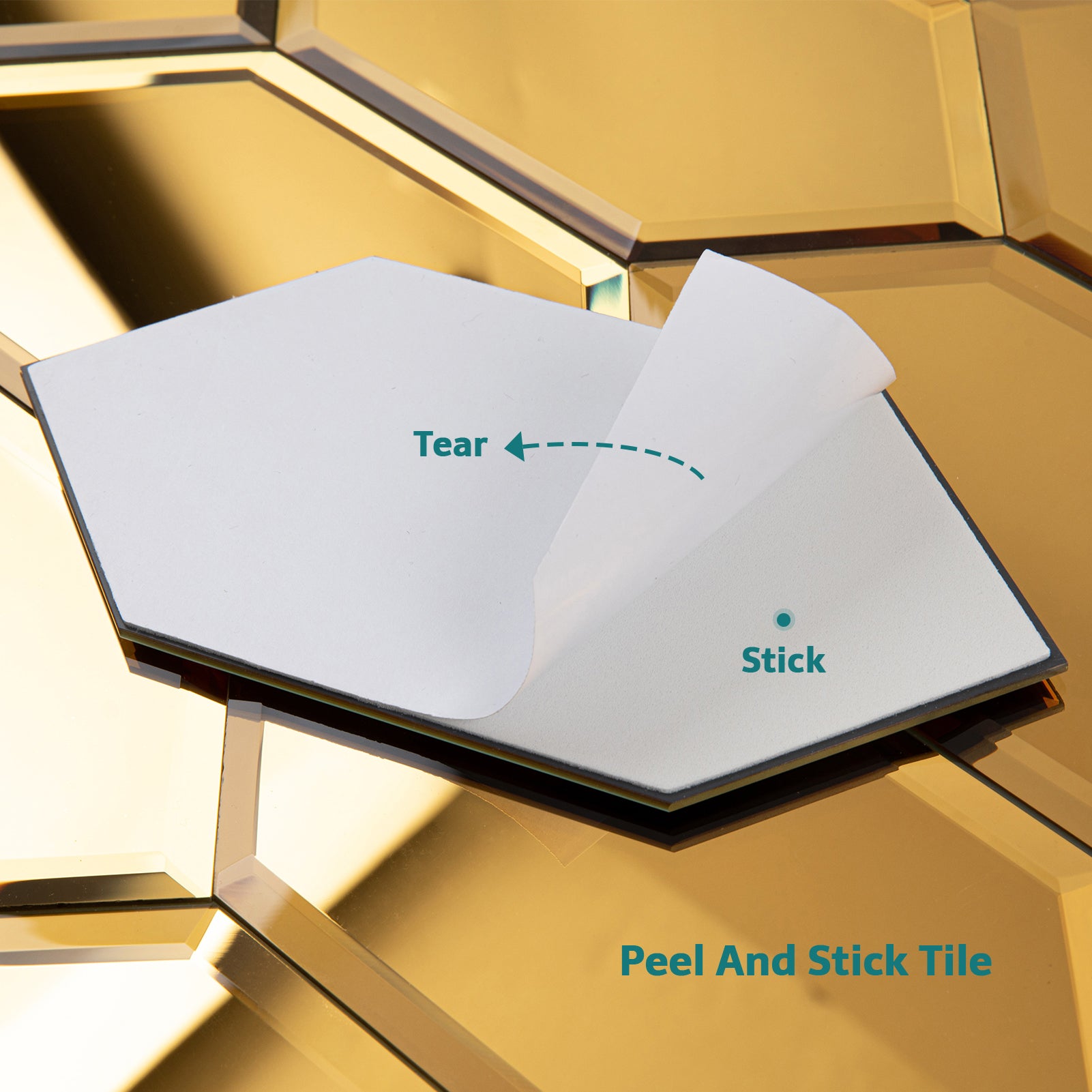 Mirror Backsplash Glass Tiles, Peel And Stick, Gold, Long Hexagon, 4*6 inch, Beveled Edge, MT47