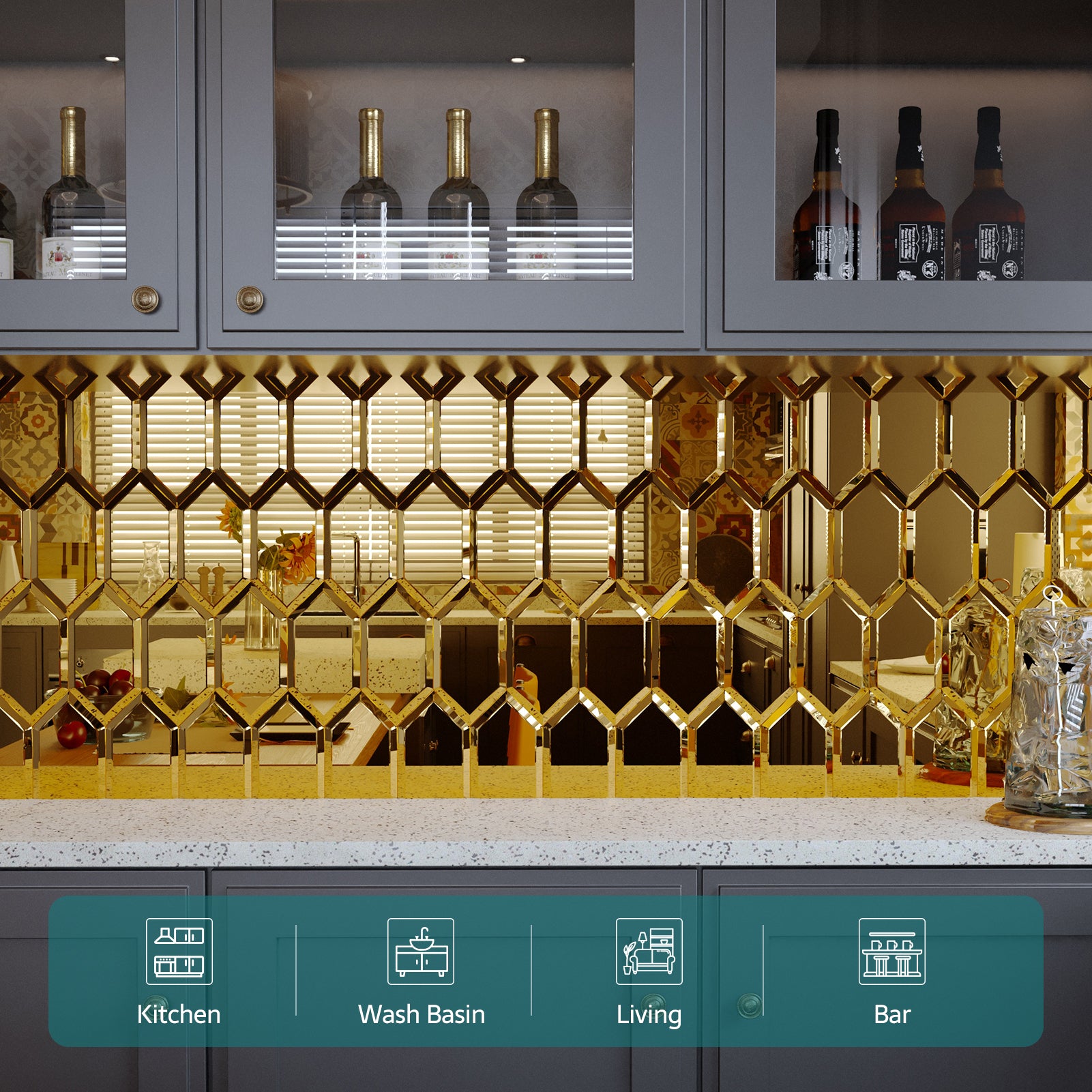 Mirror Backsplash Glass Tiles, Peel And Stick, Gold, Long Hexagon, 4*6 inch, Beveled Edge, MT47