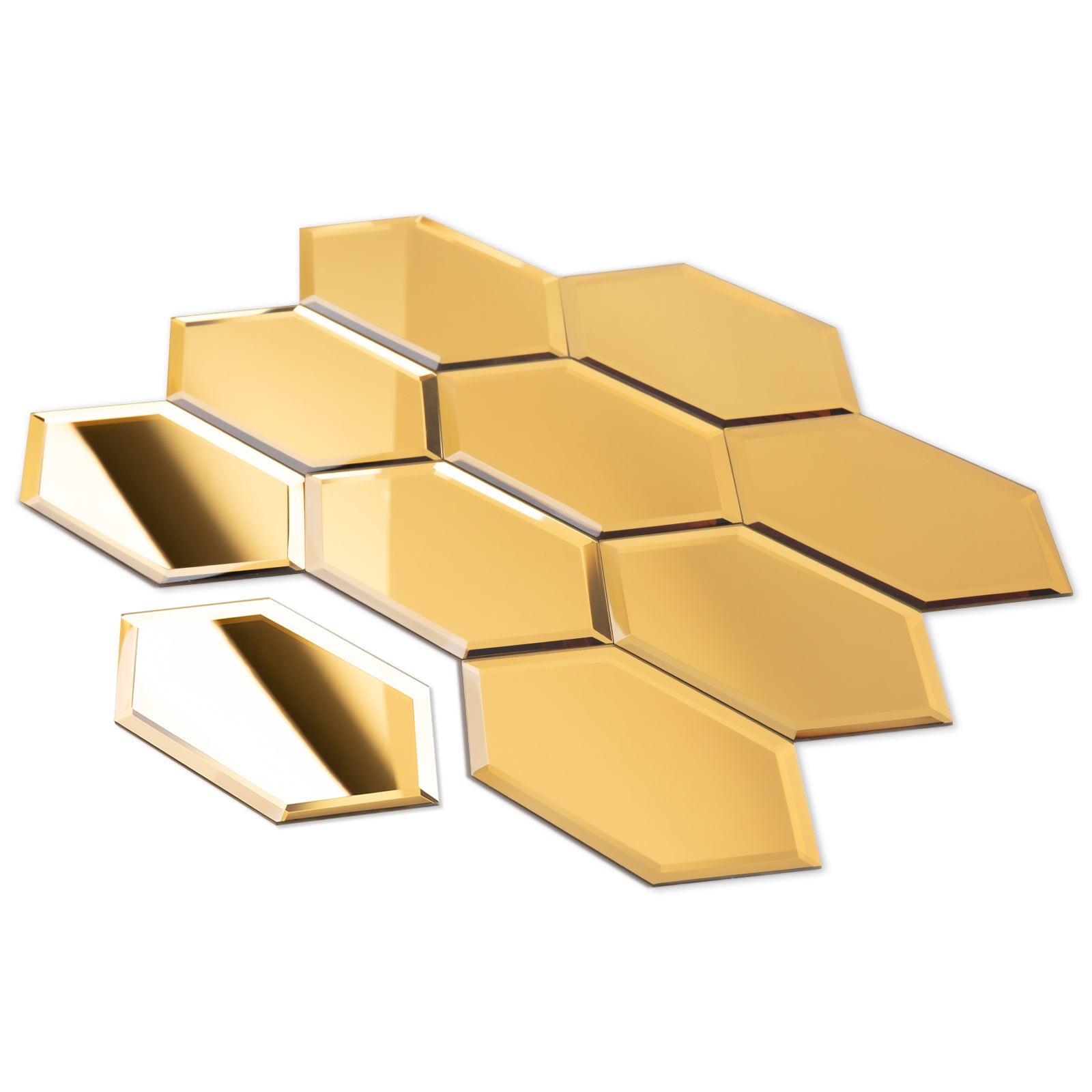 Mirror Backsplash Glass Tiles, Peel And Stick, Gold, Long Hexagon, 4*6 inch, Beveled Edge, MT47