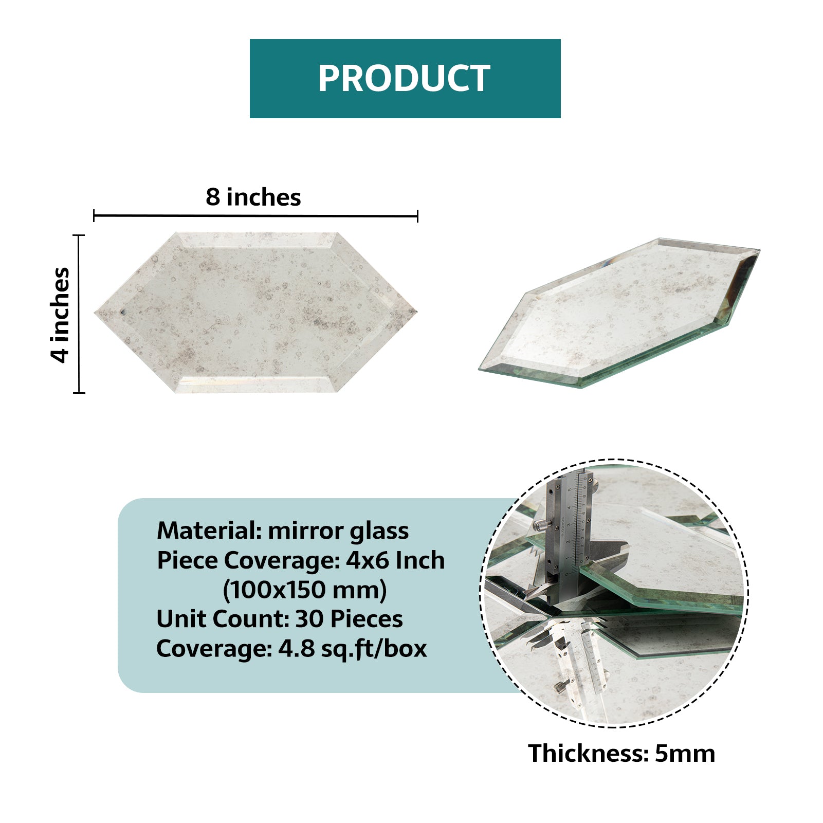 Mirror Backsplash Glass Tiles, Peel And Stick, Light Antique, Long Hexagon, 4*6 inch, Beveled Edge, MT48