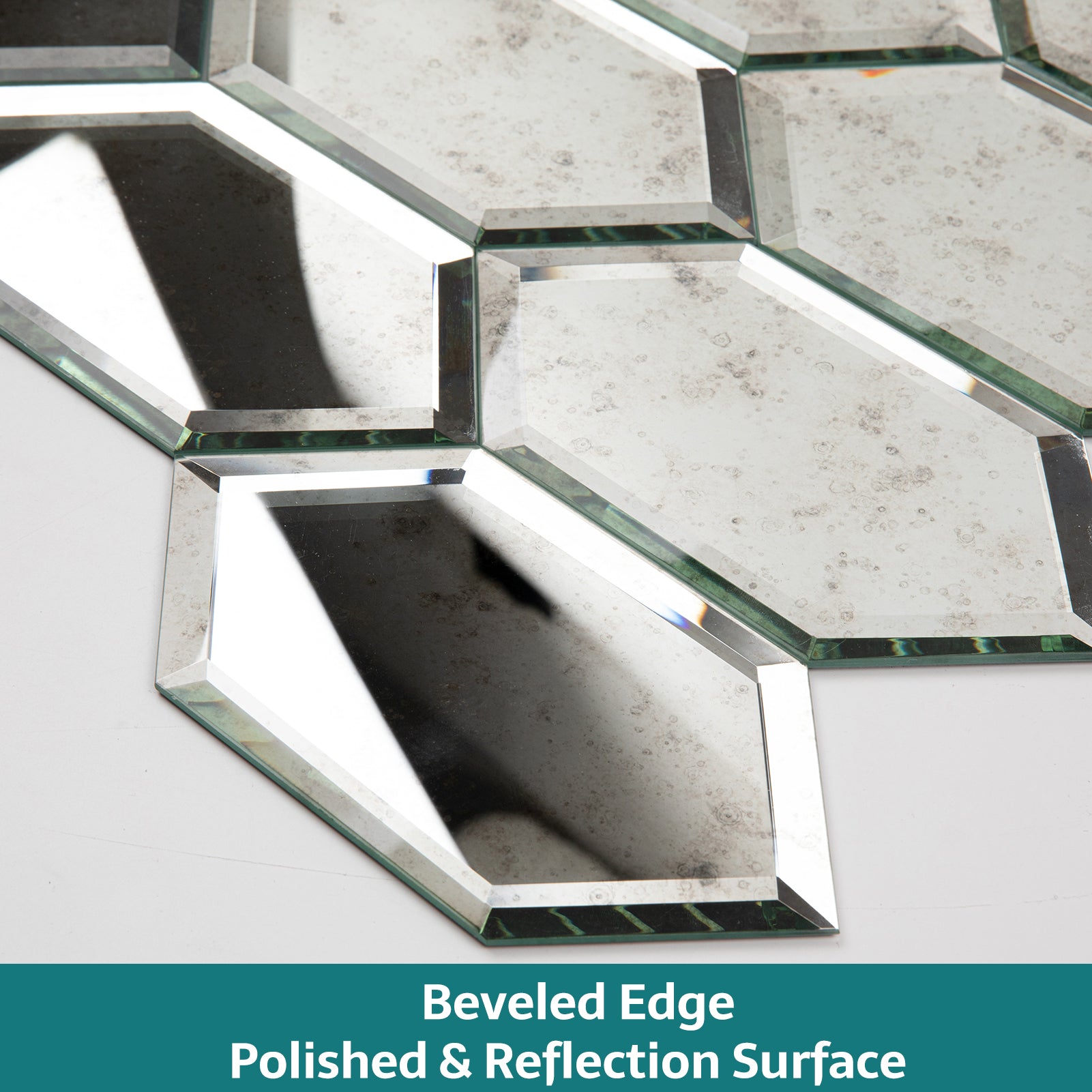 Mirror Backsplash Glass Tiles, Peel And Stick, Light Antique, Long Hexagon, 4*6 inch, Beveled Edge, MT48
