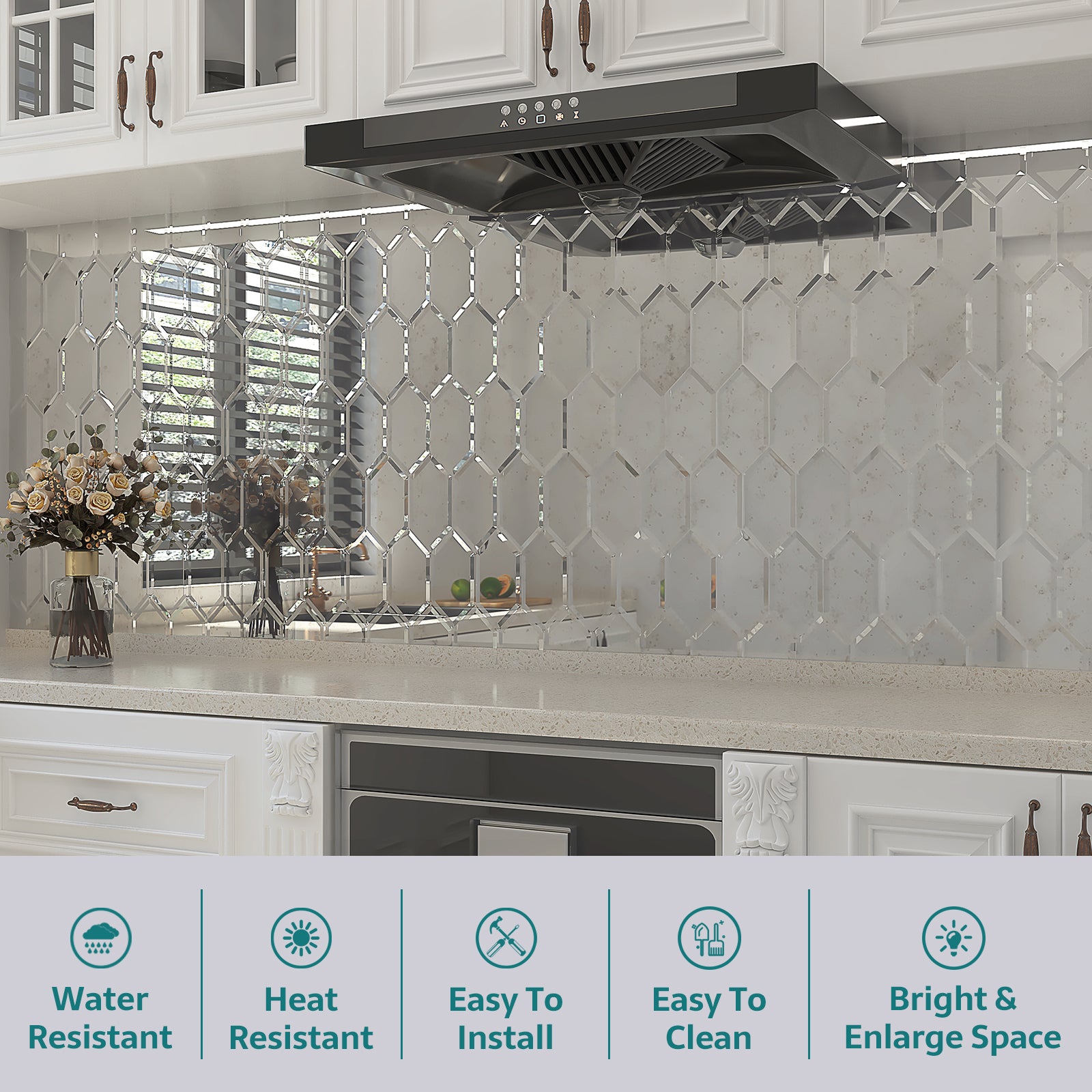 Mirror Backsplash Glass Tiles, Peel And Stick, Light Antique, Long Hexagon, 4*6 inch, Beveled Edge, MT48