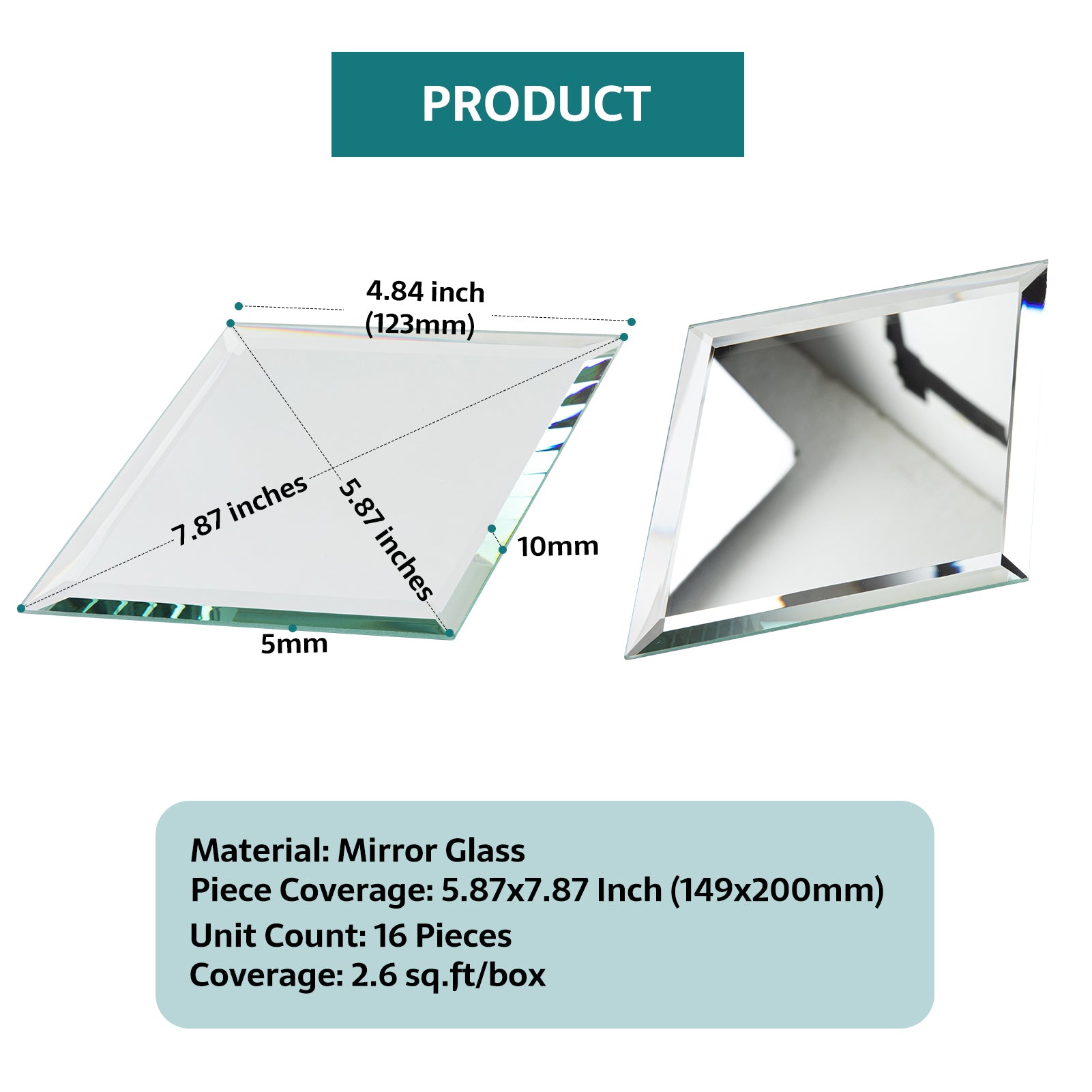 Mirror Backsplash Glass Tiles, Peel And Stick, Silver, Diamond, 6*8 inch, Beveled Edge, MT49
