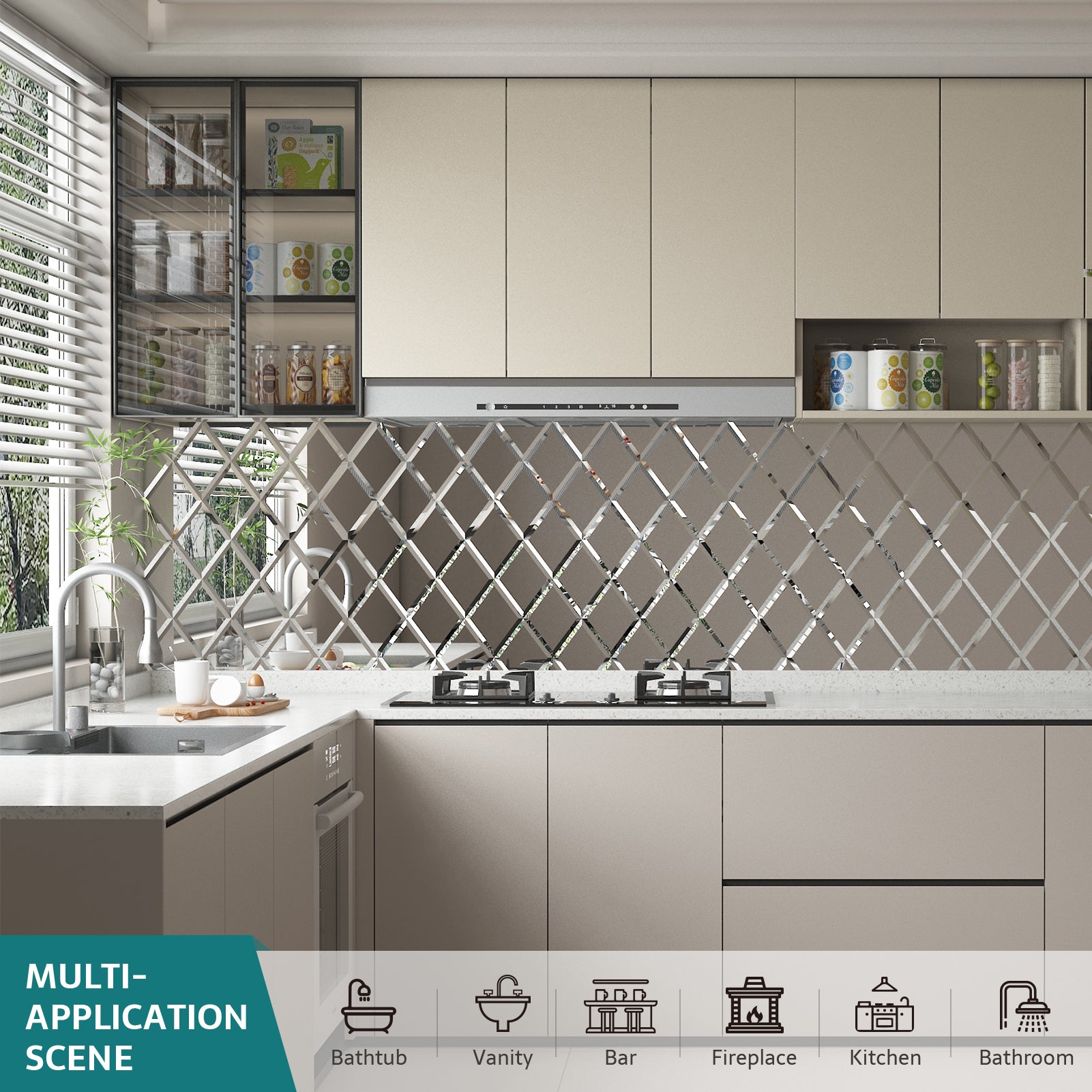Mirror Backsplash Glass Tiles, Peel And Stick, Silver, Diamond, 6*8 inch, Beveled Edge, MT49