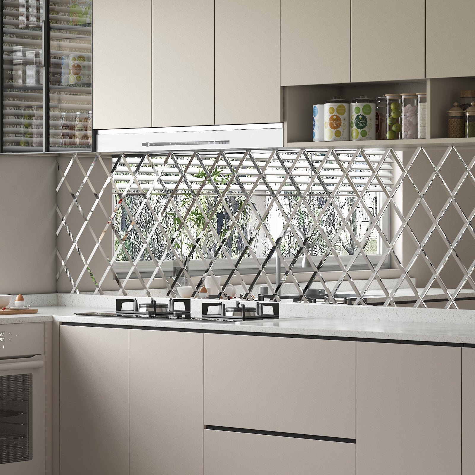Mirror Backsplash Glass Tiles, Peel And Stick, Silver, Diamond, 6*8 inch, Beveled Edge, MT49