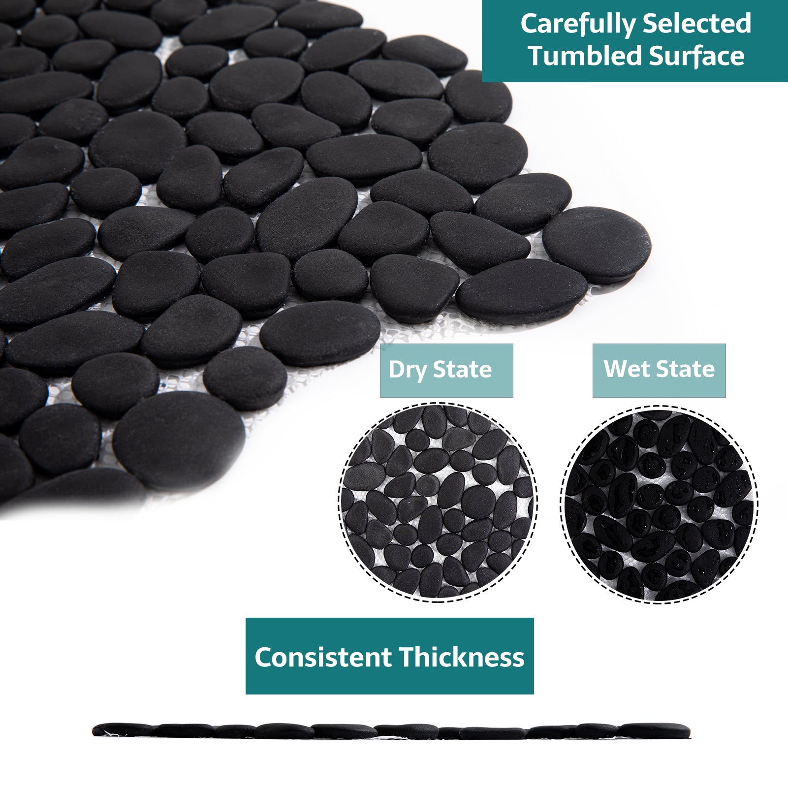 Pebble Tile for Shower Floor, Black, Honed, 5 Sheet, PB1