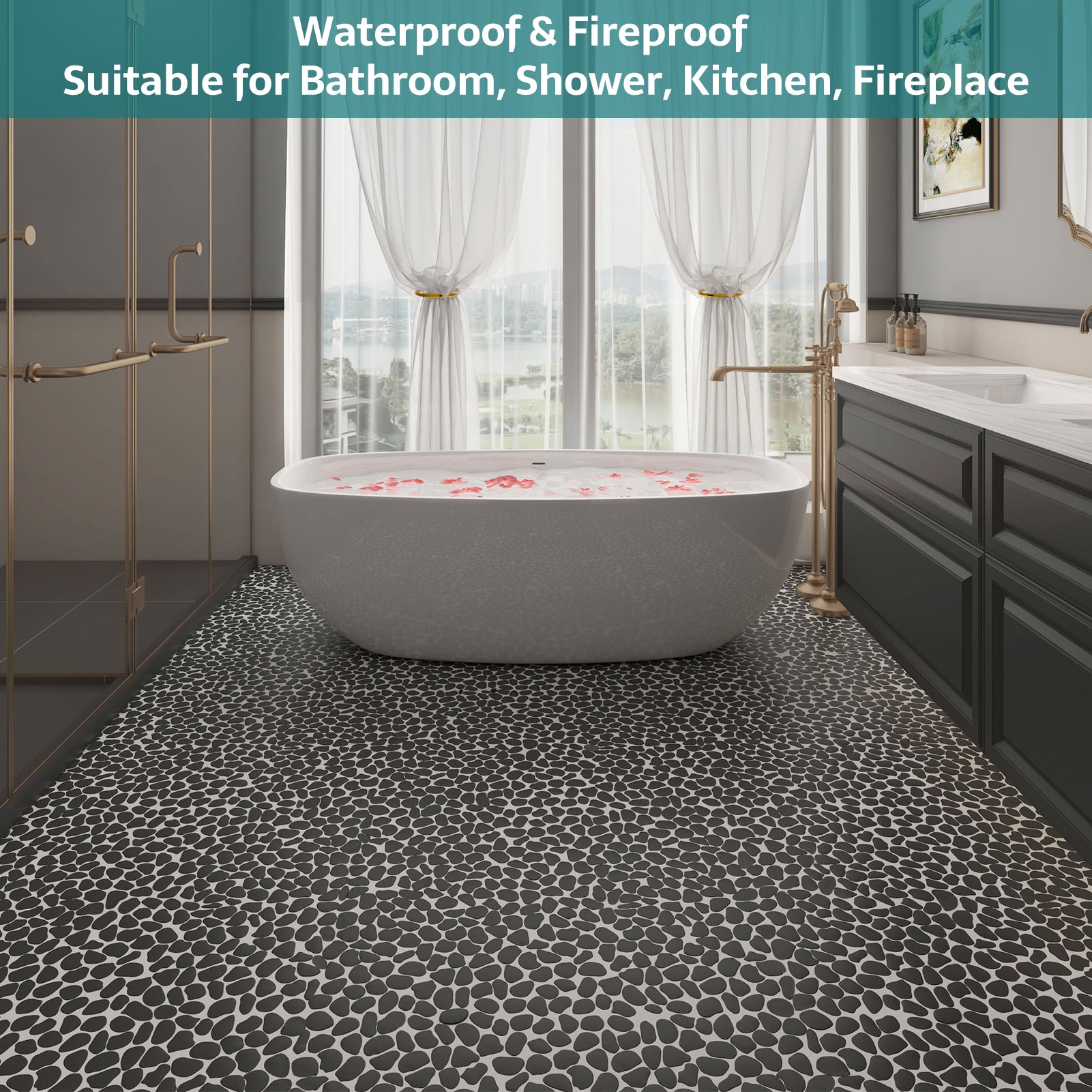 Pebble Tile for Shower Floor, Black, Honed, 5 Sheet, PB1
