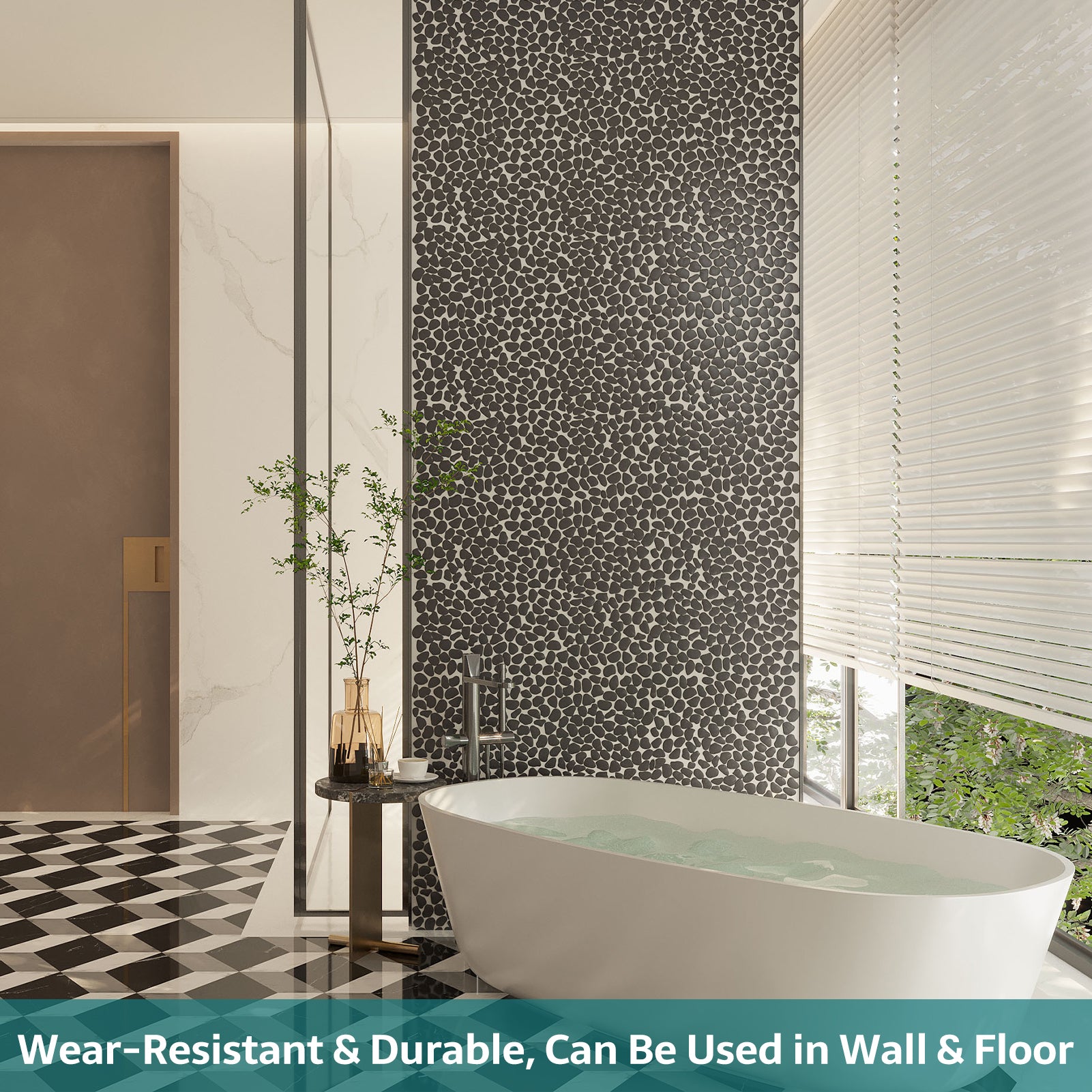 Pebble Tile for Shower Floor, Black, Honed, 5 Sheet, PB1