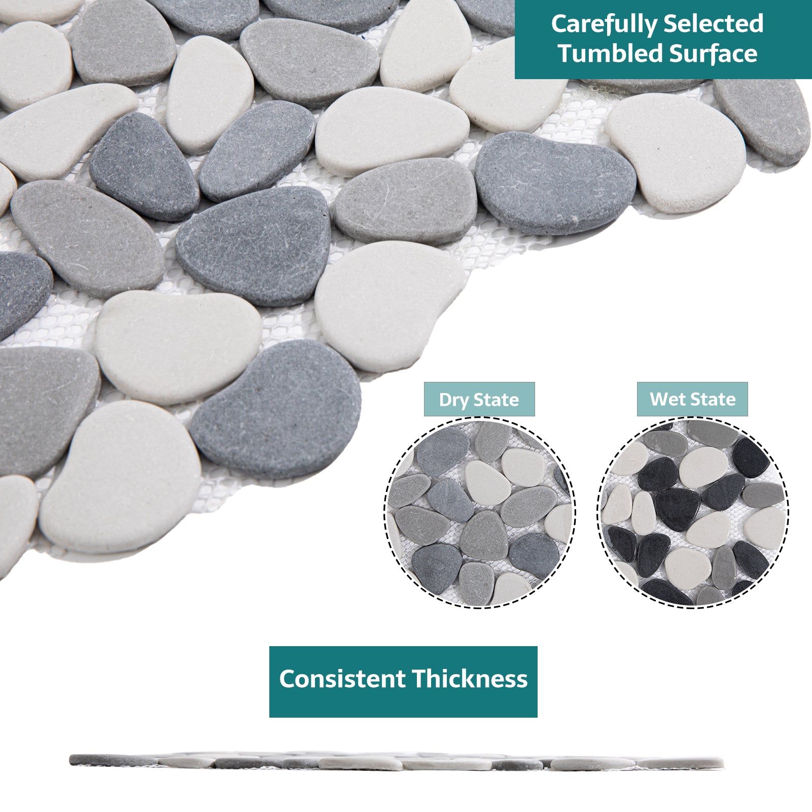 Pebble Tile for Shower Floor, Grey and White, Honed, 5 Sheet, PB3