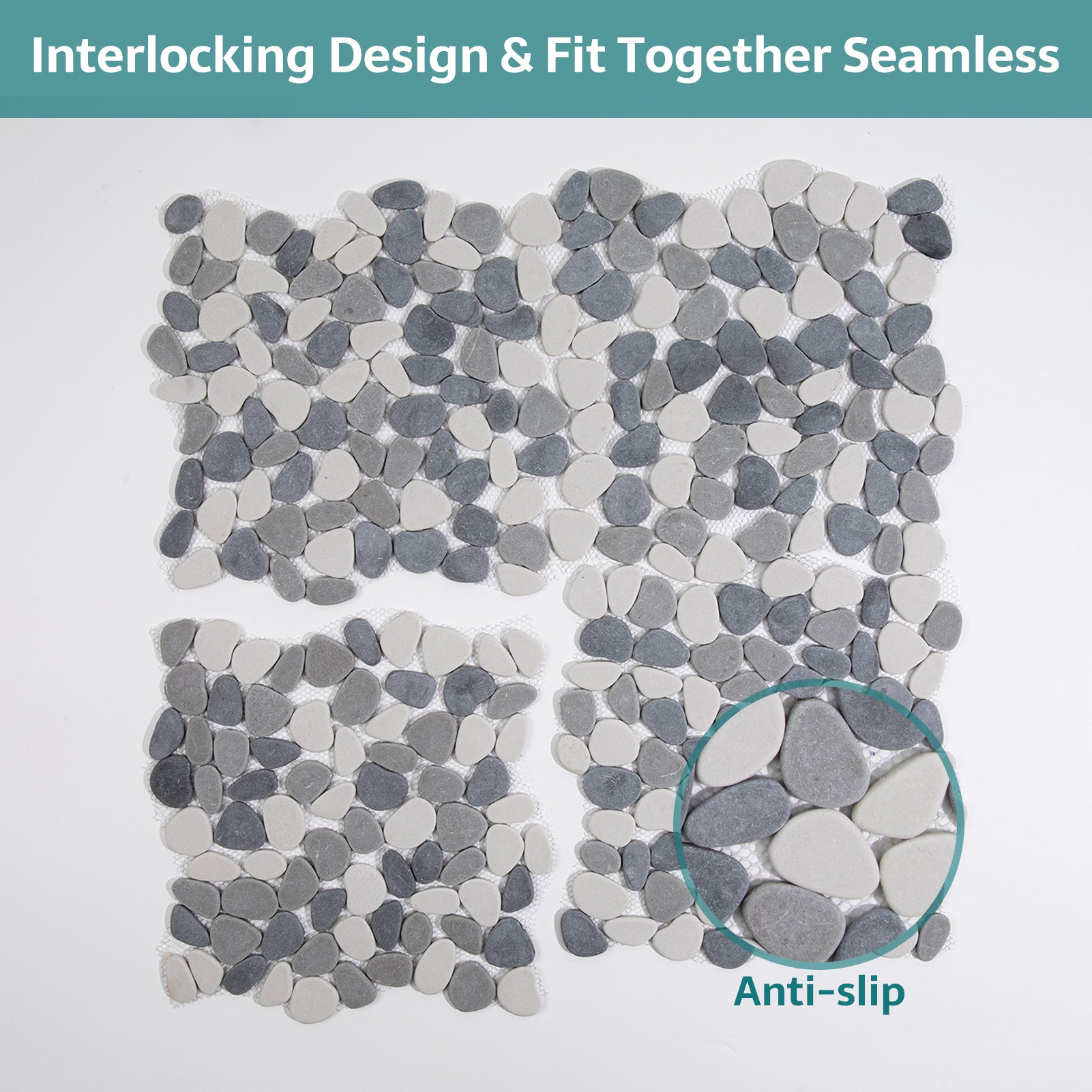 Pebble Tile for Shower Floor, Grey and White, Honed, 5 Sheet, PB3