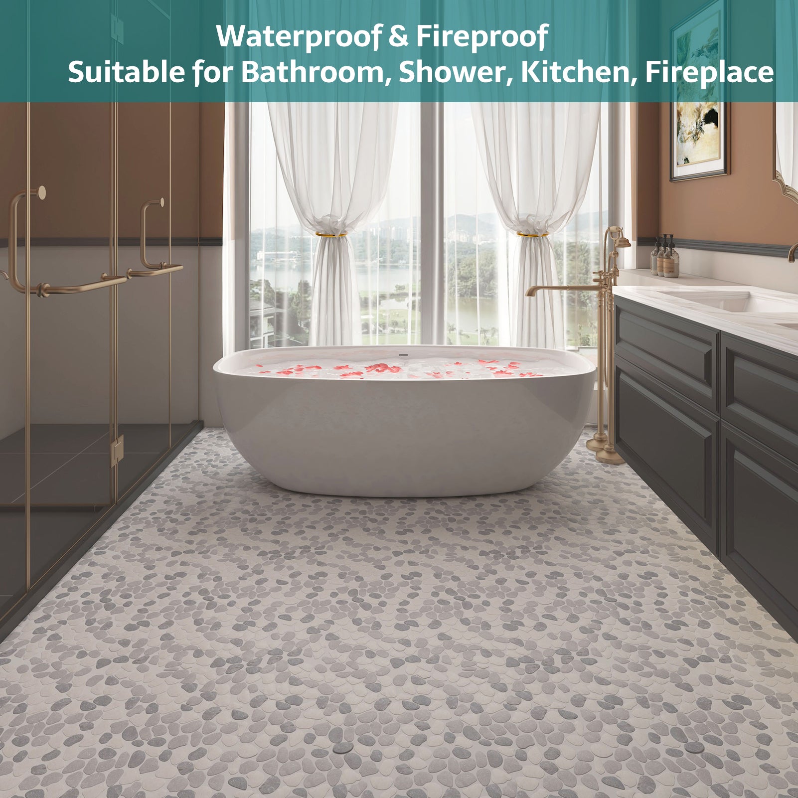 Pebble Tile for Shower Floor, Grey and White, Honed, 5 Sheet, PB3